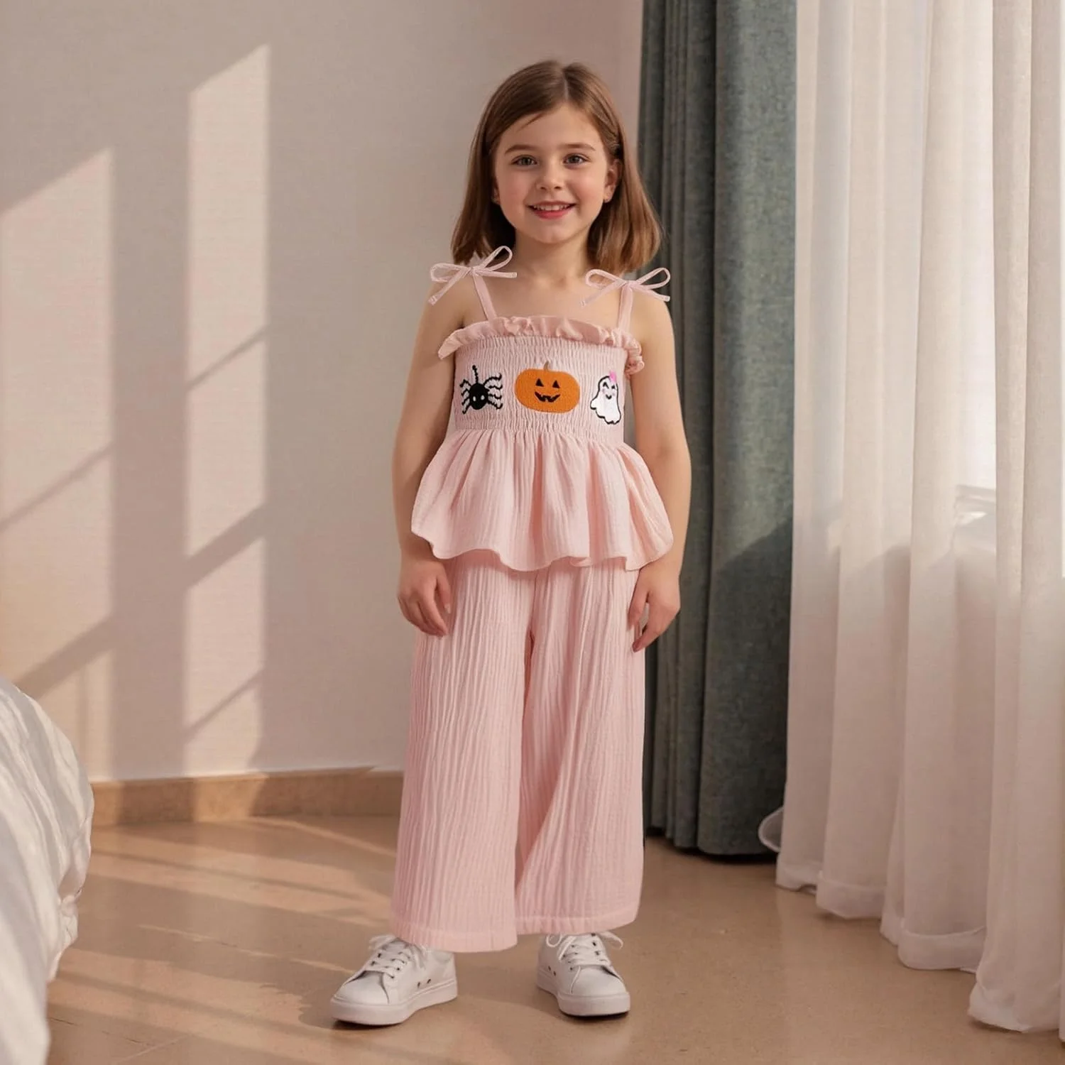 لباس هالووین نوزاد دختر تاپ طرح کدو تنبل دودی با شلوار چهارخانه گینگام ست لباس پاییزی دخترانه