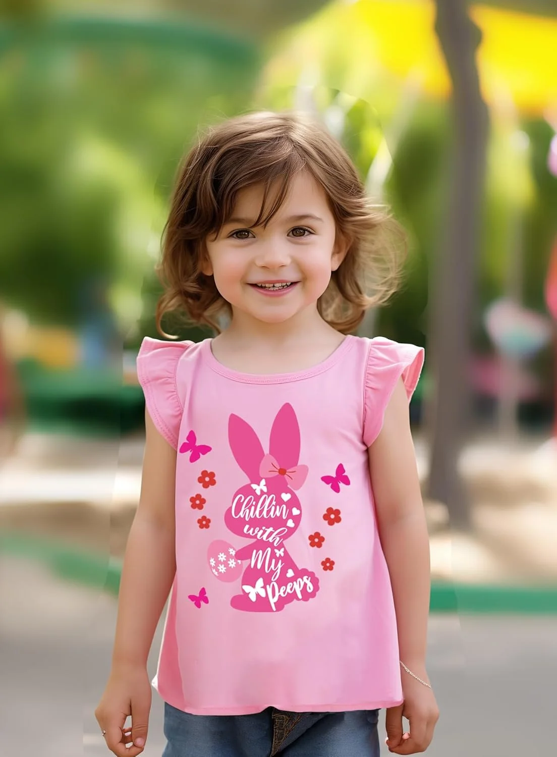 تی شرت دخترانه بچه گانه آستین کوتاه چین دار، تیشرت نخی طرح دار، مناسب 2 تا 7 سال