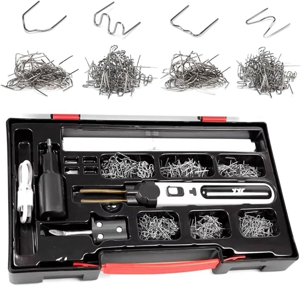 دستگاه جوش پلاستیک دستی، کیت جوشکار پلاستیک با 4 نوع منگنه، کیت تعمیر ترک قلم منگنه داغ، مجموعه ابزار تعمیر سوراخ پلاستیک برش حرارتی با چراغ LED