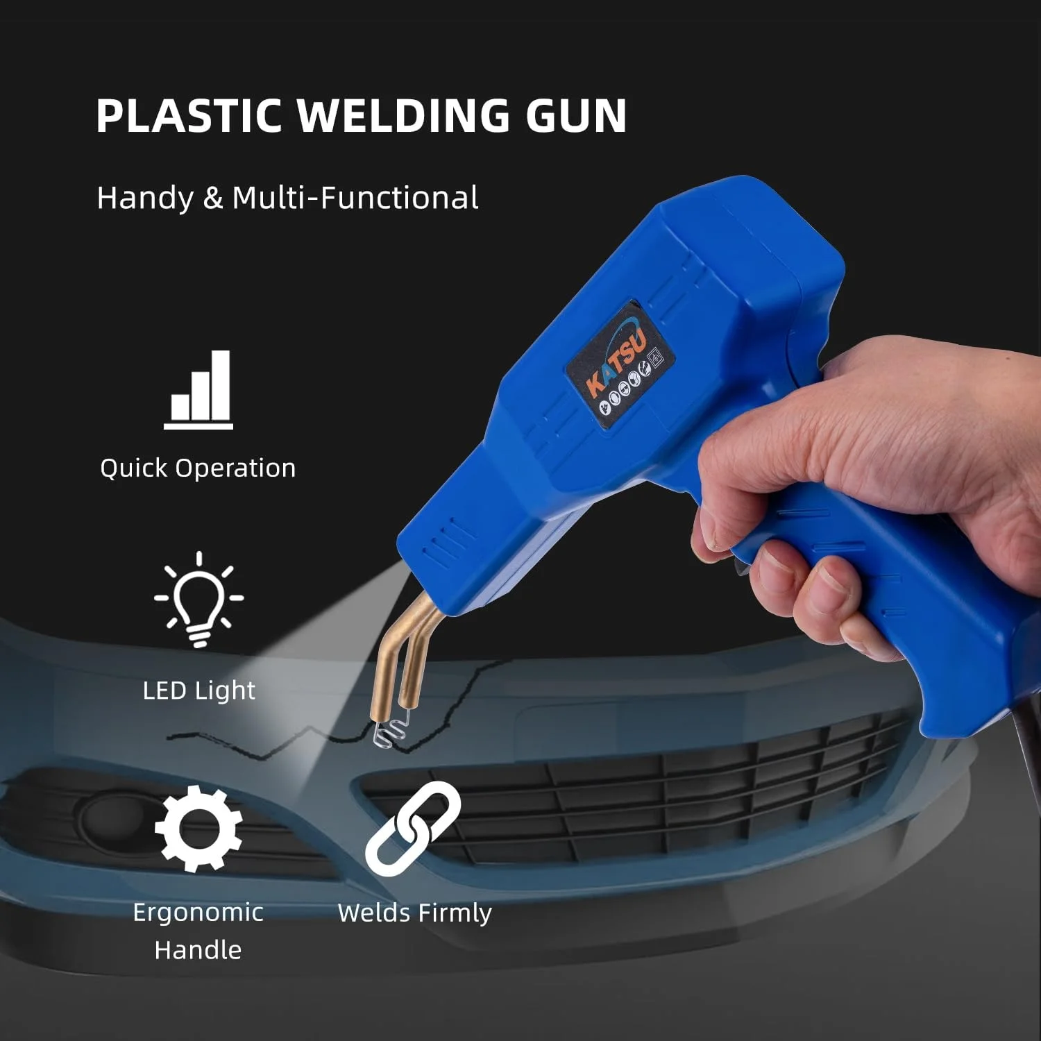 دستگاه جوش پلاستیک 50 وات KATSU Tools، کیت تعمیر سپر خودرو با 200 عدد منگنه جوشکاری 4 نوع، تفنگ منگنه داغ جوشکار پلاستیک، مجموعه تعمیر ترک پلاستیک برای قطعات خودرو/کایاک/کانو