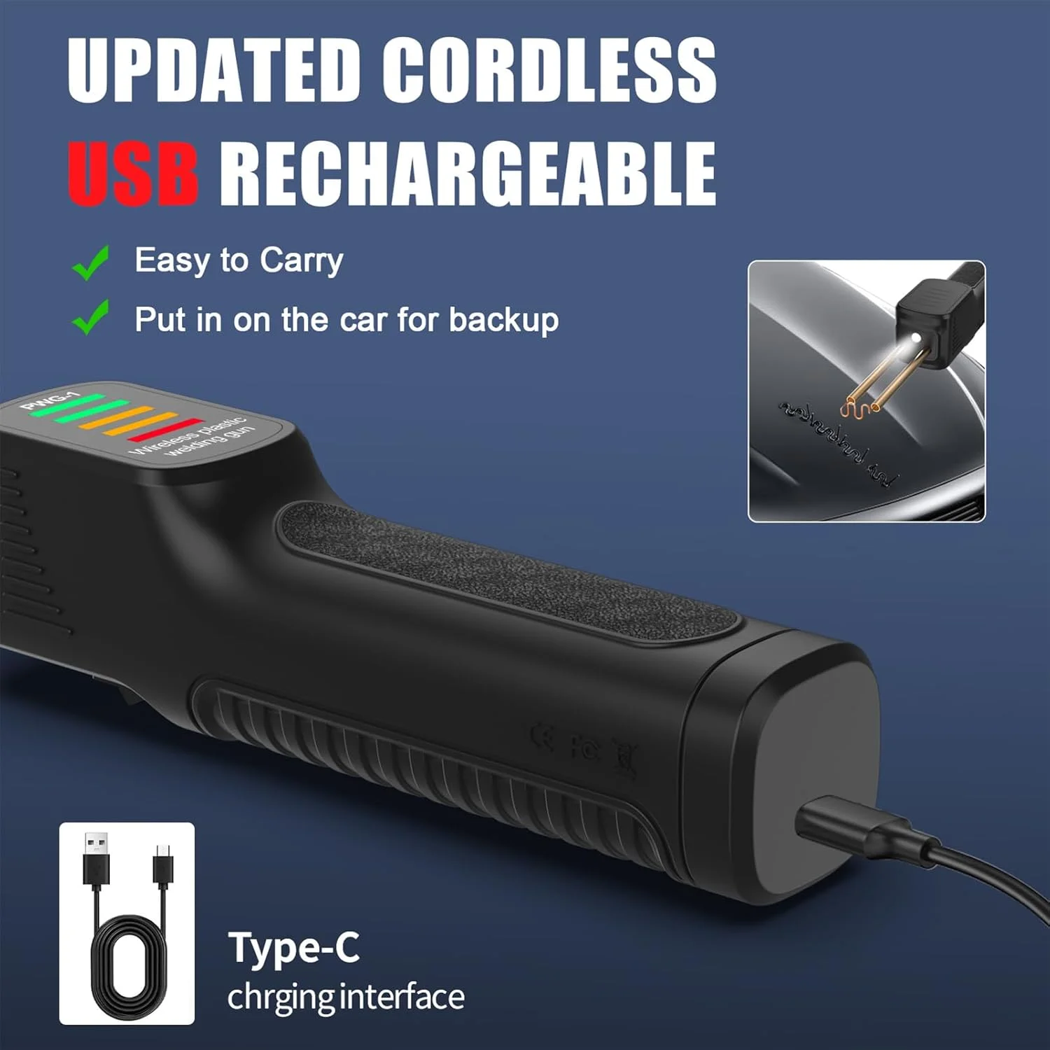 دستگاه جوش پلاستیک شارژی Weytoll، دستگاه جوش تعمیر سپر خودرو با باتری 2600mAh، منگنه داغ، دستگاه جوش پلاستیک قابل شارژ USB با 200 عدد پین جوش