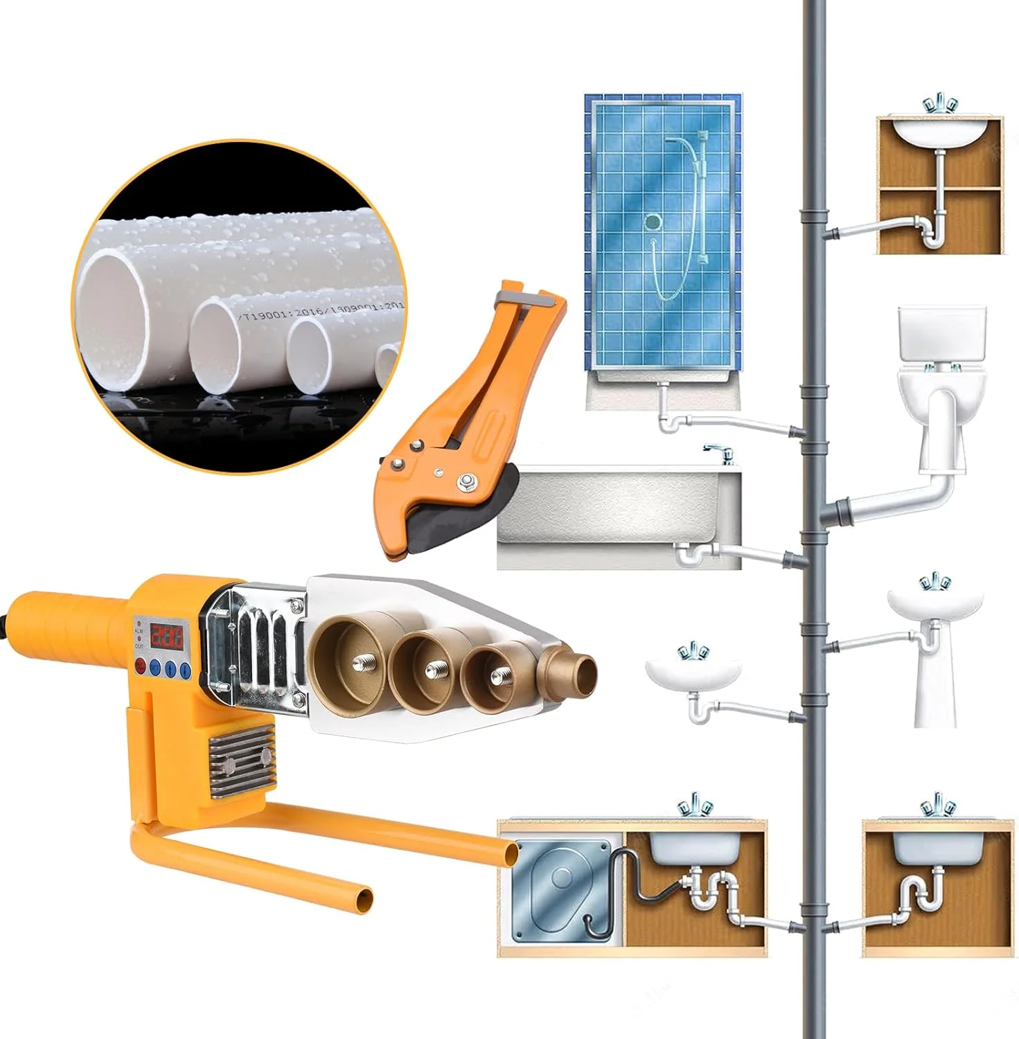 دستگاه جوش لوله پلاستیکی Eacam 0-320℃ با قابلیت تنظیم دیجیتال، جوشکار فیوژن سوکتی با اتلاف حرارت دوگانه، 6 سری قالب 20/25/32/40/50/63 میلی‌متری، جعبه آهنی، گرمایش لوله برقی 1000 وات برای PPR PE