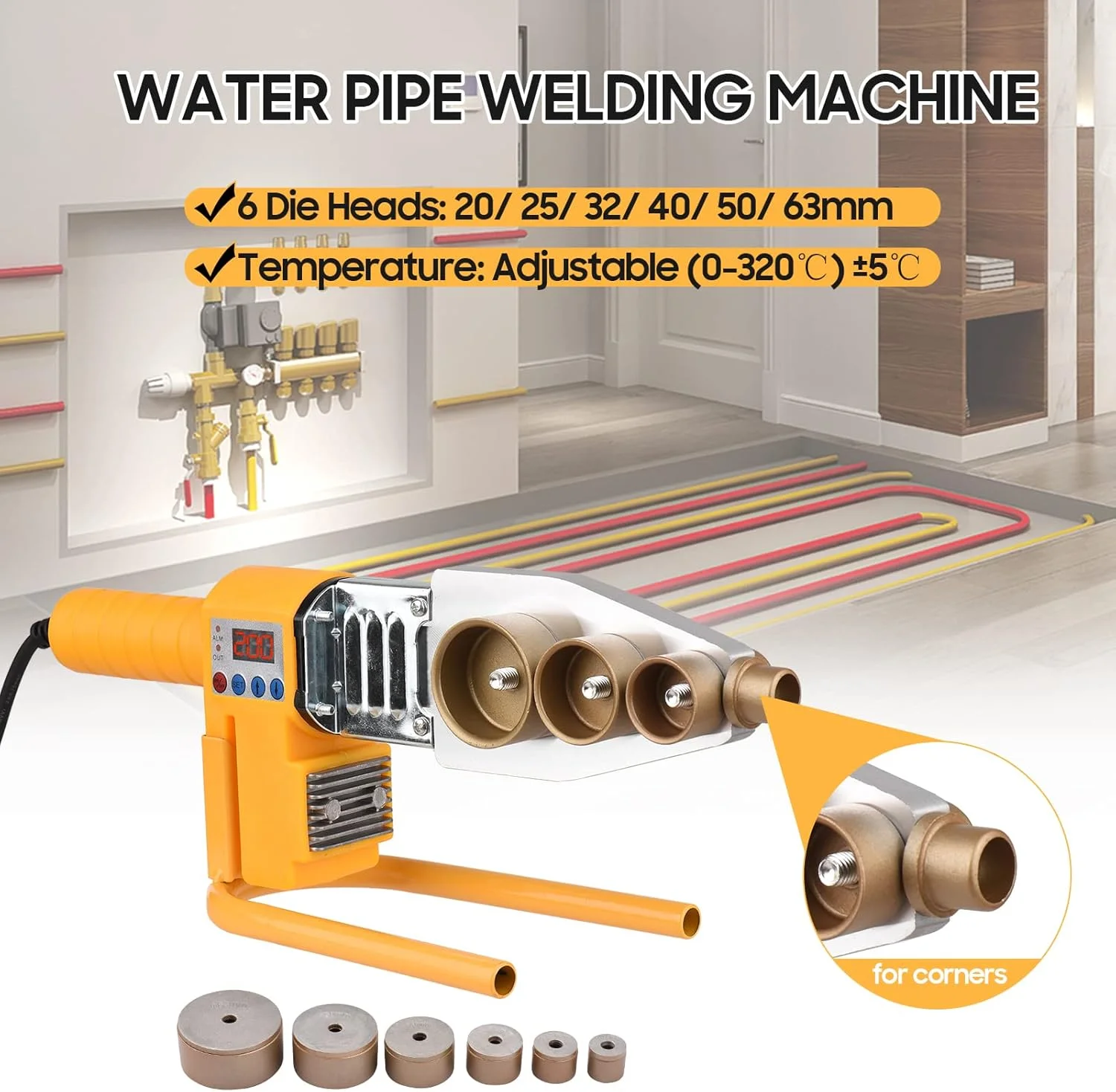 دستگاه جوش لوله پلاستیکی Eacam 0-320℃ با قابلیت تنظیم دیجیتال، جوشکار فیوژن سوکتی با اتلاف حرارت دوگانه، 6 سری قالب 20/25/32/40/50/63 میلی‌متری، جعبه آهنی، گرمایش لوله برقی 1000 وات برای PPR PE