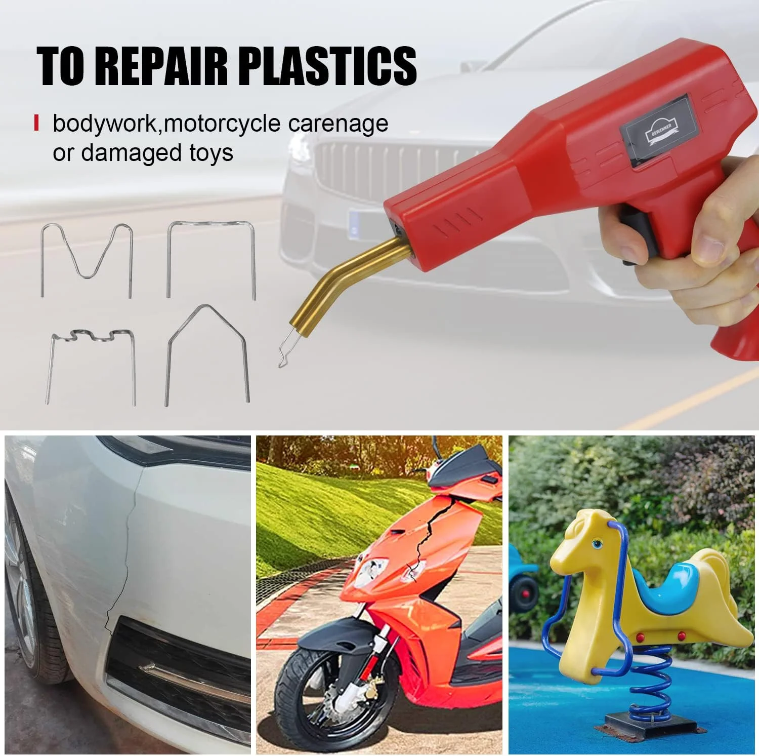 دستگاه جوش پلاستیک DEWINNER با 400 عدد میخ، چهار نوع میخ برای تعمیر ترک پلاستیک، دستگاه جوش 50 وات، تفنگ میخ داغ با انبر برای تعمیرات خودرو و مصارف خانگی