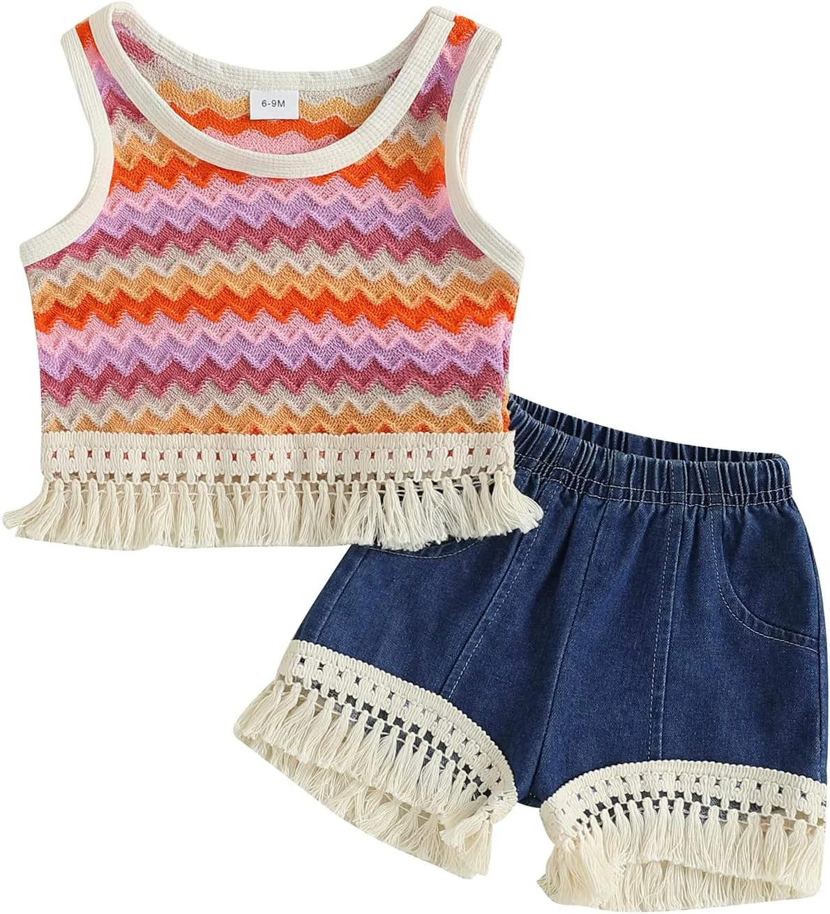 BSaogr لباس تابستانی دخترانه، لباس های غربی کودک نوپا، تاپ های رکابی راه راه بدون آستین با حاشیه منگوله دار + ست شورت جین