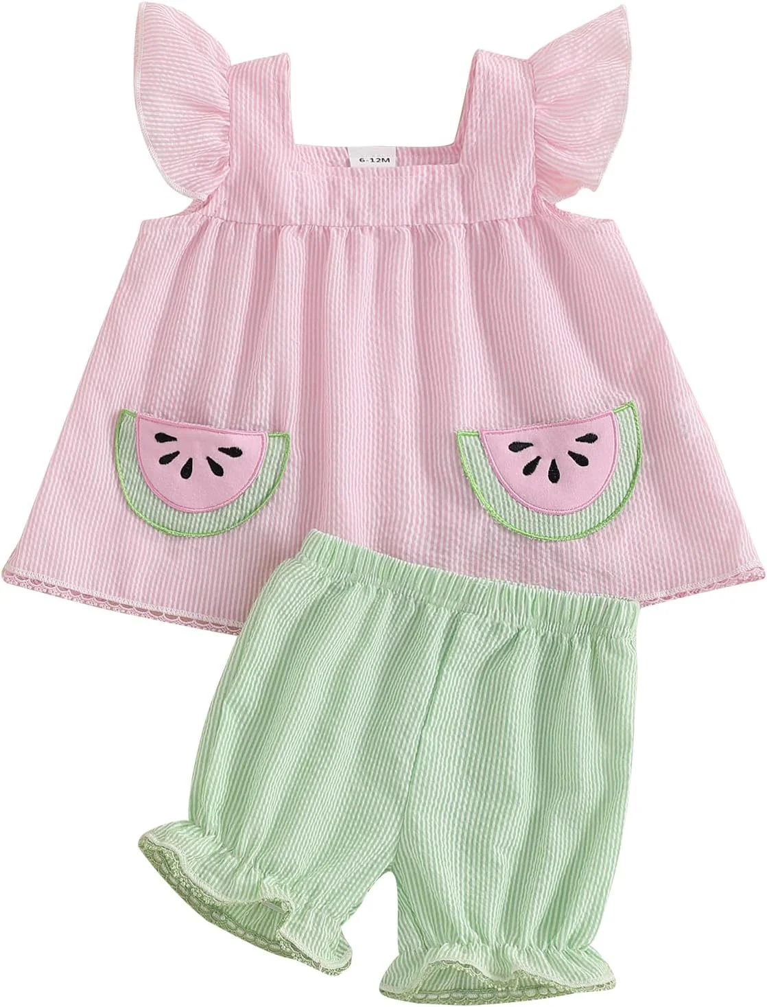 ست لباس تابستانی نوزاد دختر BSaogr، تاپ بدون آستین با طرح هندوانه و راه راه، شورت با سرآستین های چین دار، 2 تکه لباس شیرین