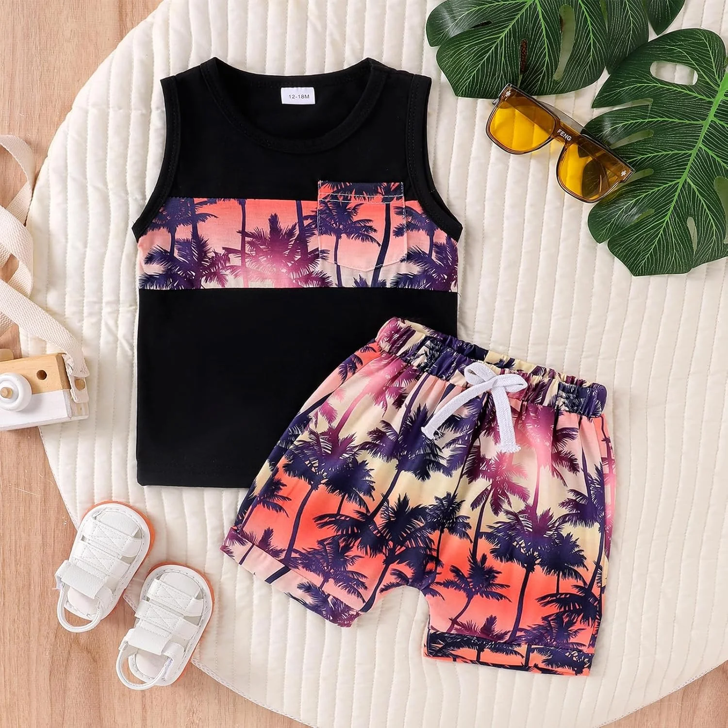 ست لباس تابستانی پسرانه CETEPY، تاپ بدون آستین و شلوارک جیب دار با طرح استوایی مناسب کودکان 12 ماهه تا 4 ساله