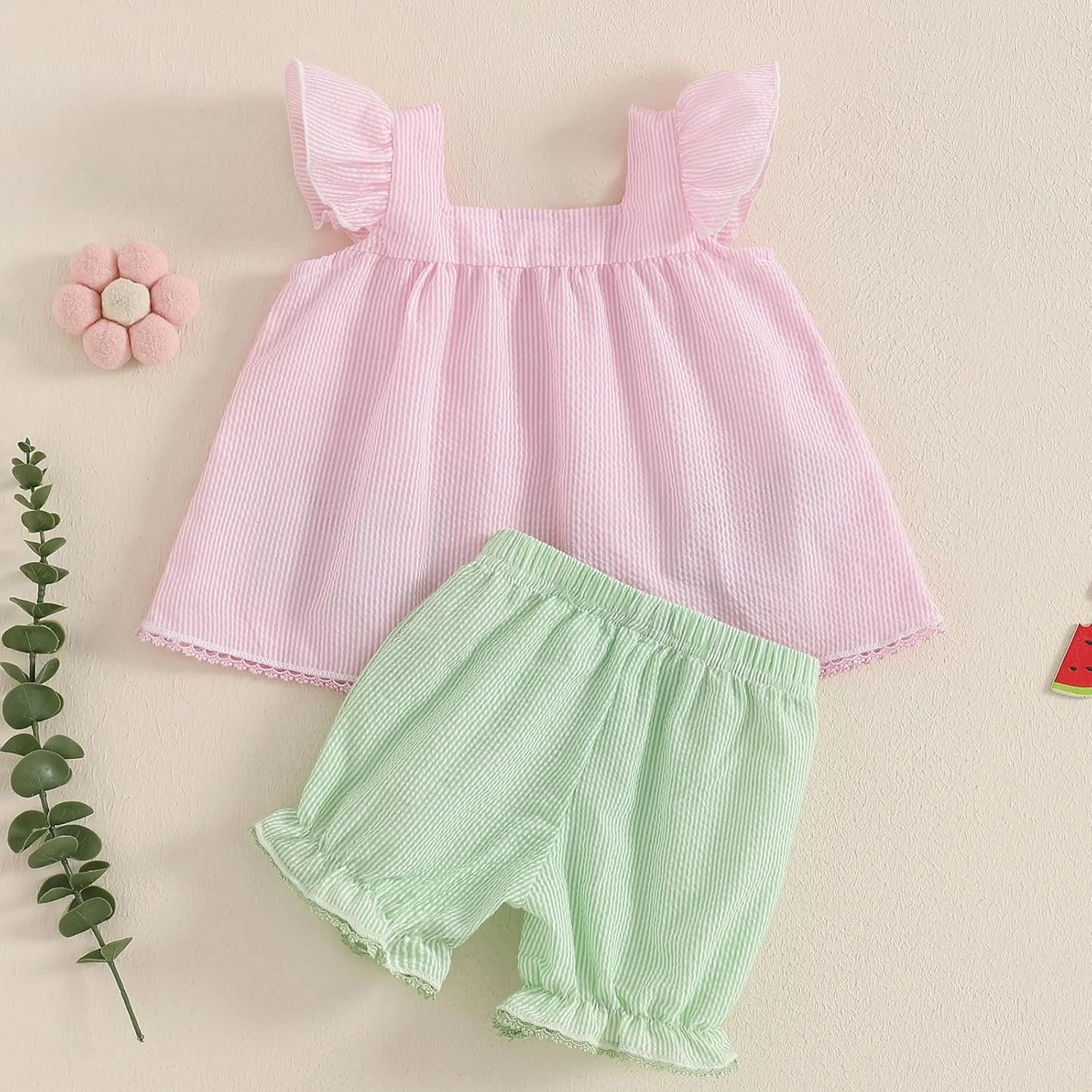 ست لباس تابستانی نوزاد دختر BSaogr، تاپ بدون آستین با طرح هندوانه و راه راه، شورت با سرآستین های چین دار، 2 تکه لباس شیرین