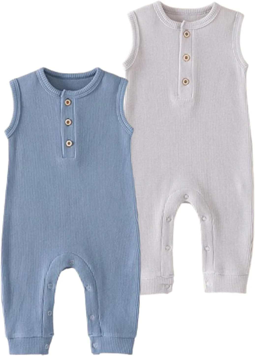 بسته 2 عددی رامپر نوزادی BeiVSlley - تاپ بدون آستین چین دار دکمه دار، لباس سرهمی بافت وافل پنبه ای