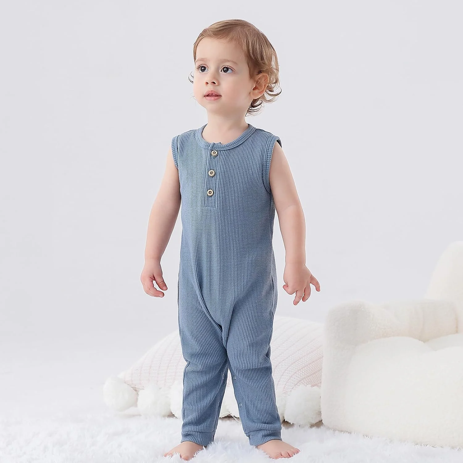 بسته 2 عددی رامپر نوزادی BeiVSlley - تاپ بدون آستین چین دار دکمه دار، لباس سرهمی بافت وافل پنبه ای بسته 2 عددی رامپر نوزادی BeiVSlley - تاپ بدون آستین چین دار دکمه دار، لباس سرهمی بافت وافل پنبه ای