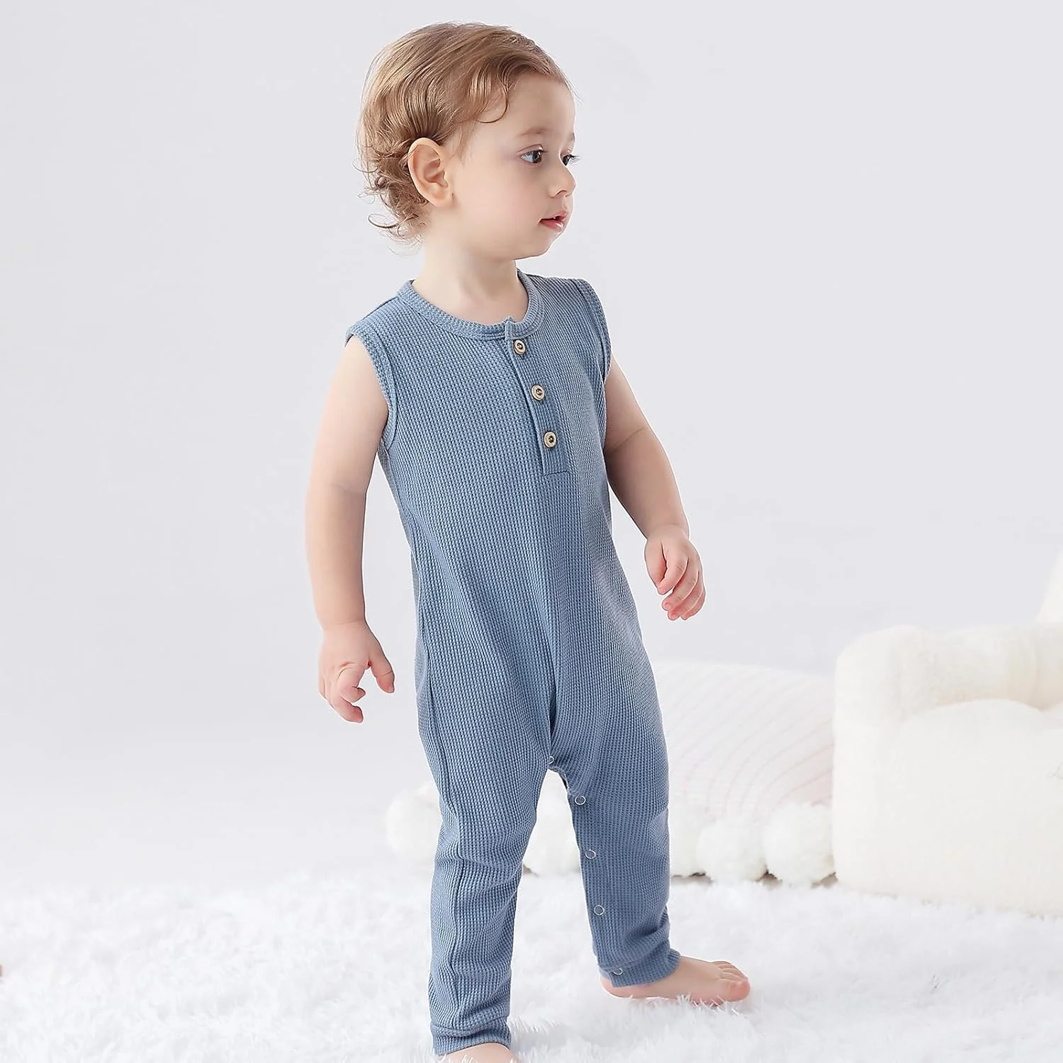 بسته 2 عددی رامپر نوزادی BeiVSlley - تاپ بدون آستین چین دار دکمه دار، لباس سرهمی بافت وافل پنبه ای بسته 2 عددی رامپر نوزادی BeiVSlley - تاپ بدون آستین چین دار دکمه دار، لباس سرهمی بافت وافل پنبه ای