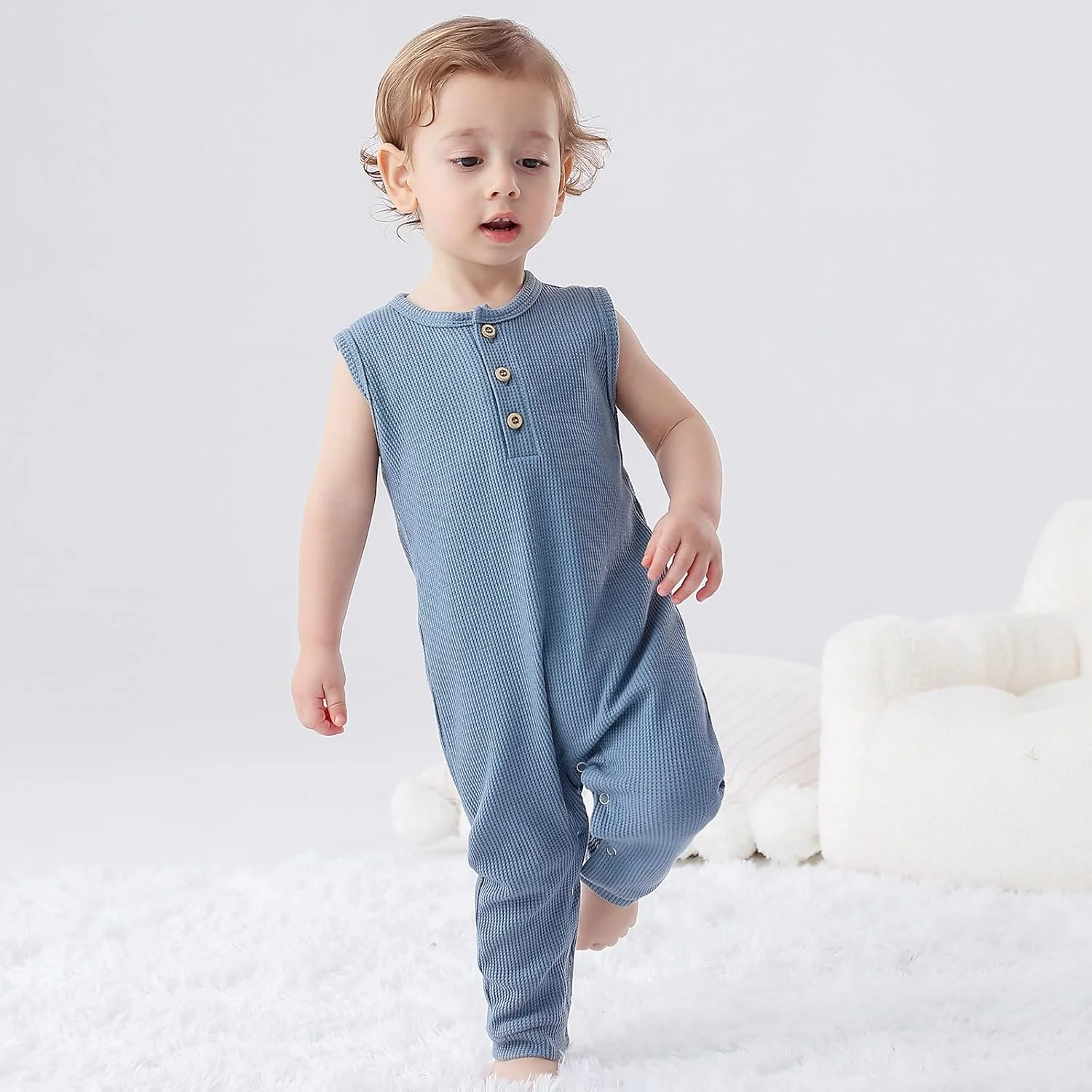 بسته 2 عددی رامپر نوزادی BeiVSlley - تاپ بدون آستین چین دار دکمه دار، لباس سرهمی بافت وافل پنبه ای بسته 2 عددی رامپر نوزادی BeiVSlley - تاپ بدون آستین چین دار دکمه دار، لباس سرهمی بافت وافل پنبه ای