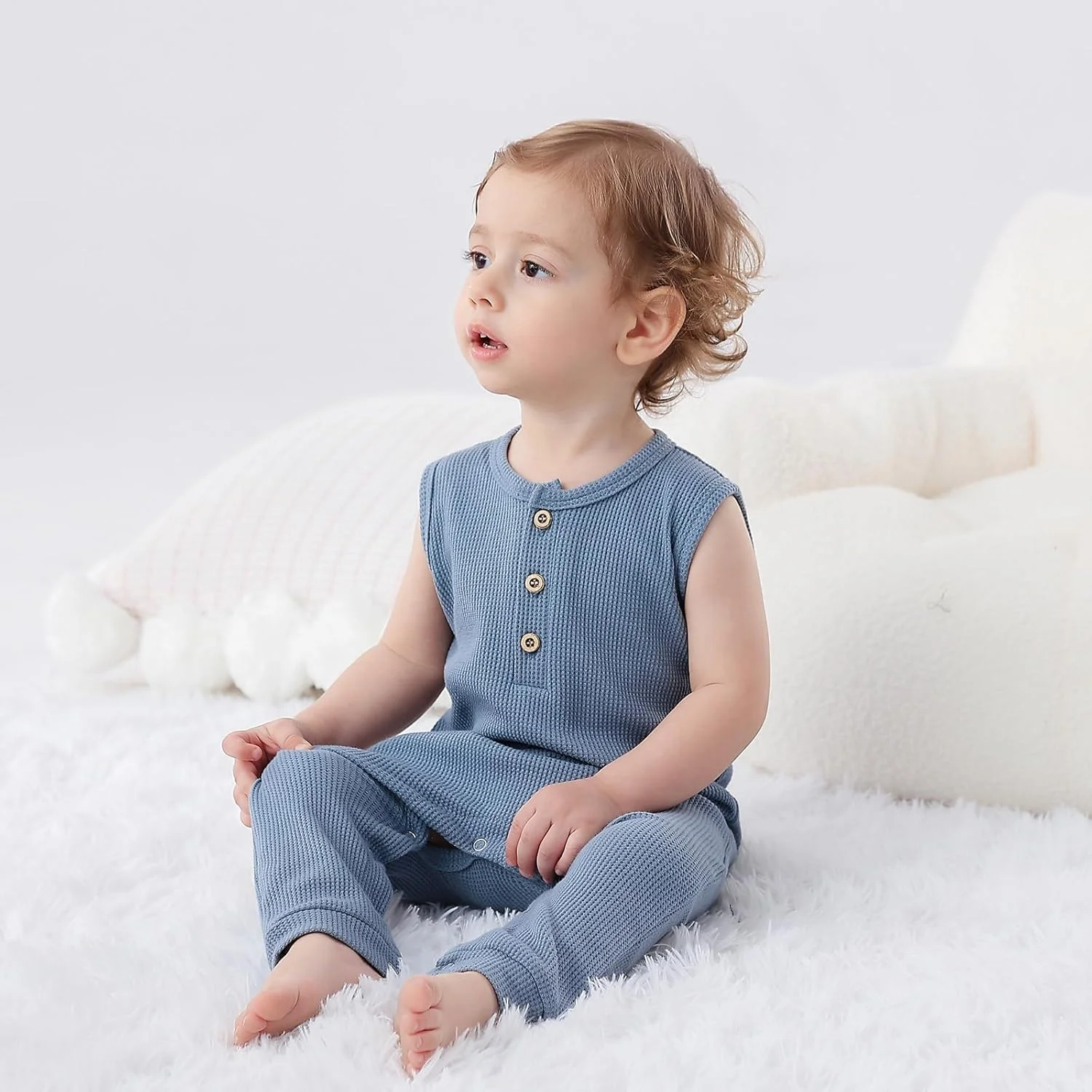 بسته 2 عددی رامپر نوزادی BeiVSlley - تاپ بدون آستین چین دار دکمه دار، لباس سرهمی بافت وافل پنبه ای بسته 2 عددی رامپر نوزادی BeiVSlley - تاپ بدون آستین چین دار دکمه دار، لباس سرهمی بافت وافل پنبه ای