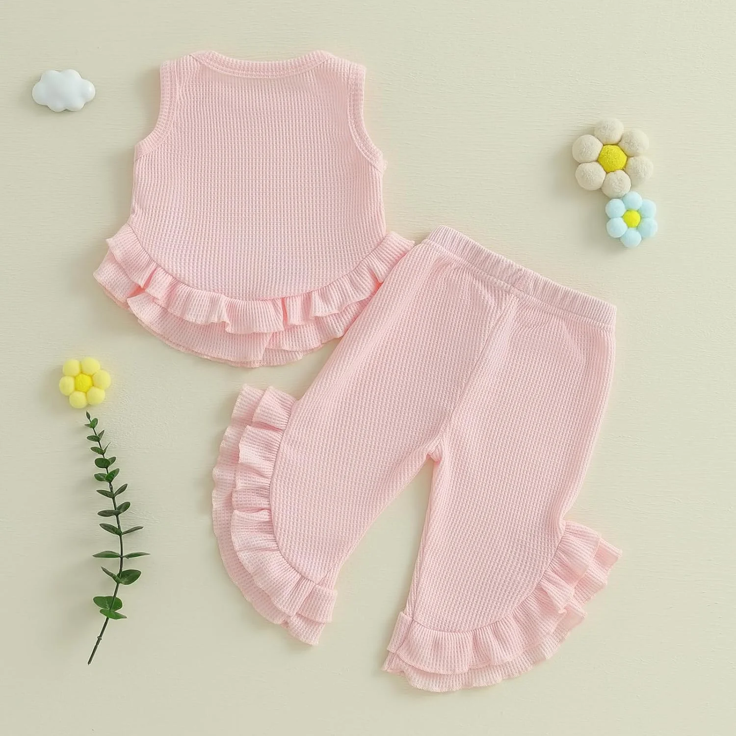 ست لباس تابستانی وافل دخترانه BeliBacca، رنگ ثابت، آستین حلقه ای، یقه گرد، تاپ چین دار، شلوار دمپا گشاد الاستیک، 2 تکه، لباس کودک نوپا ست لباس تابستانی وافل دخترانه BeliBacca، رنگ ثابت، آستین حلقه ای، یقه گرد، تاپ چین دار، شلوار دمپا گشاد الاستیک، 2 تکه، لباس کودک نوپا