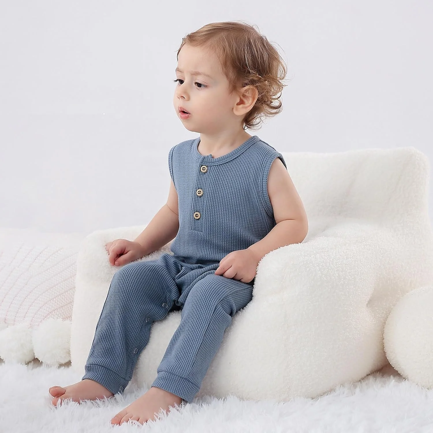 بسته 2 عددی رامپر نوزادی BeiVSlley - تاپ بدون آستین چین دار دکمه دار، لباس سرهمی بافت وافل پنبه ای بسته 2 عددی رامپر نوزادی BeiVSlley - تاپ بدون آستین چین دار دکمه دار، لباس سرهمی بافت وافل پنبه ای