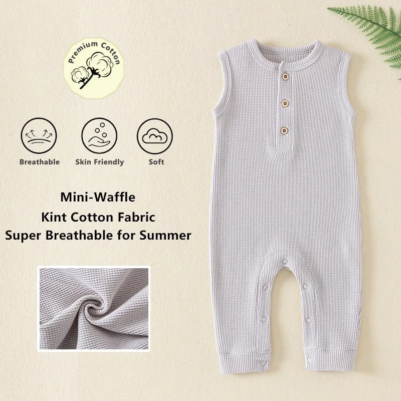 بسته 2 عددی رامپر نوزادی BeiVSlley - تاپ بدون آستین چین دار دکمه دار، لباس سرهمی بافت وافل پنبه ای بسته 2 عددی رامپر نوزادی BeiVSlley - تاپ بدون آستین چین دار دکمه دار، لباس سرهمی بافت وافل پنبه ای