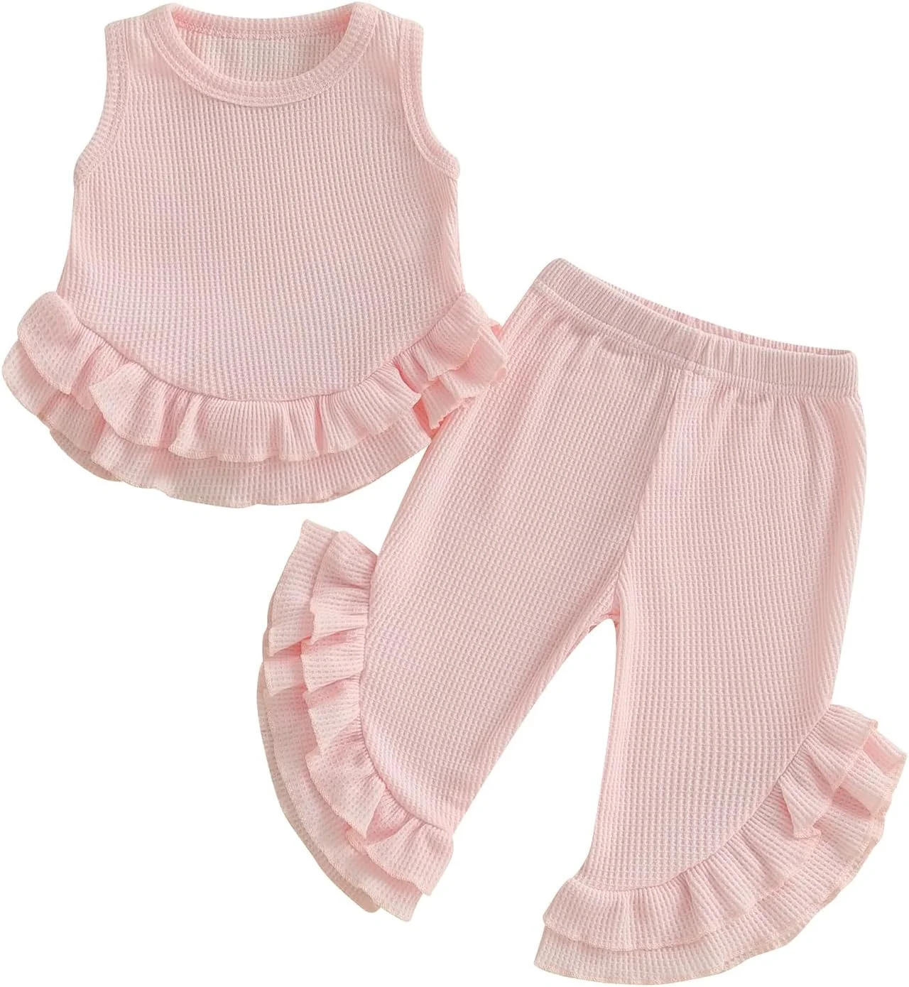 ست لباس تابستانی وافل دخترانه BeliBacca، رنگ ثابت، آستین حلقه ای، یقه گرد، تاپ با حاشیه چین دار، شلوار دمپا گشاد الاستیک، 2 تکه لباس دخترانه بچه گانه