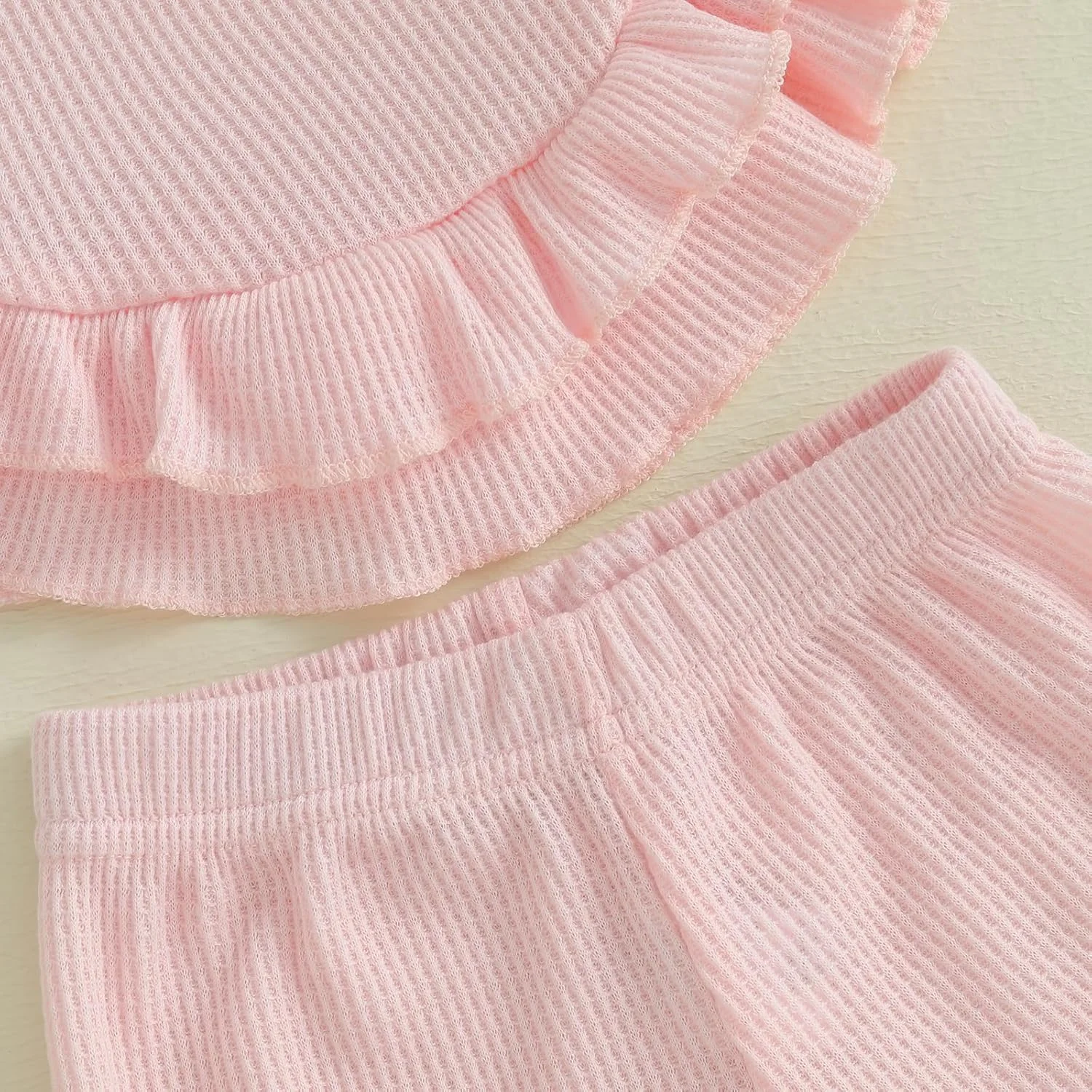 ست لباس تابستانی وافل دخترانه BeliBacca، رنگ ثابت، آستین حلقه ای، یقه گرد، تاپ با حاشیه چین دار، شلوار دمپا گشاد الاستیک، 2 تکه لباس دخترانه بچه گانه ست لباس تابستانی وافل دخترانه BeliBacca، رنگ ثابت، آستین حلقه ای، یقه گرد، تاپ با حاشیه چین دار، شلوار دمپا گشاد الاستیک، 2 تکه لباس دخترانه بچه گانه