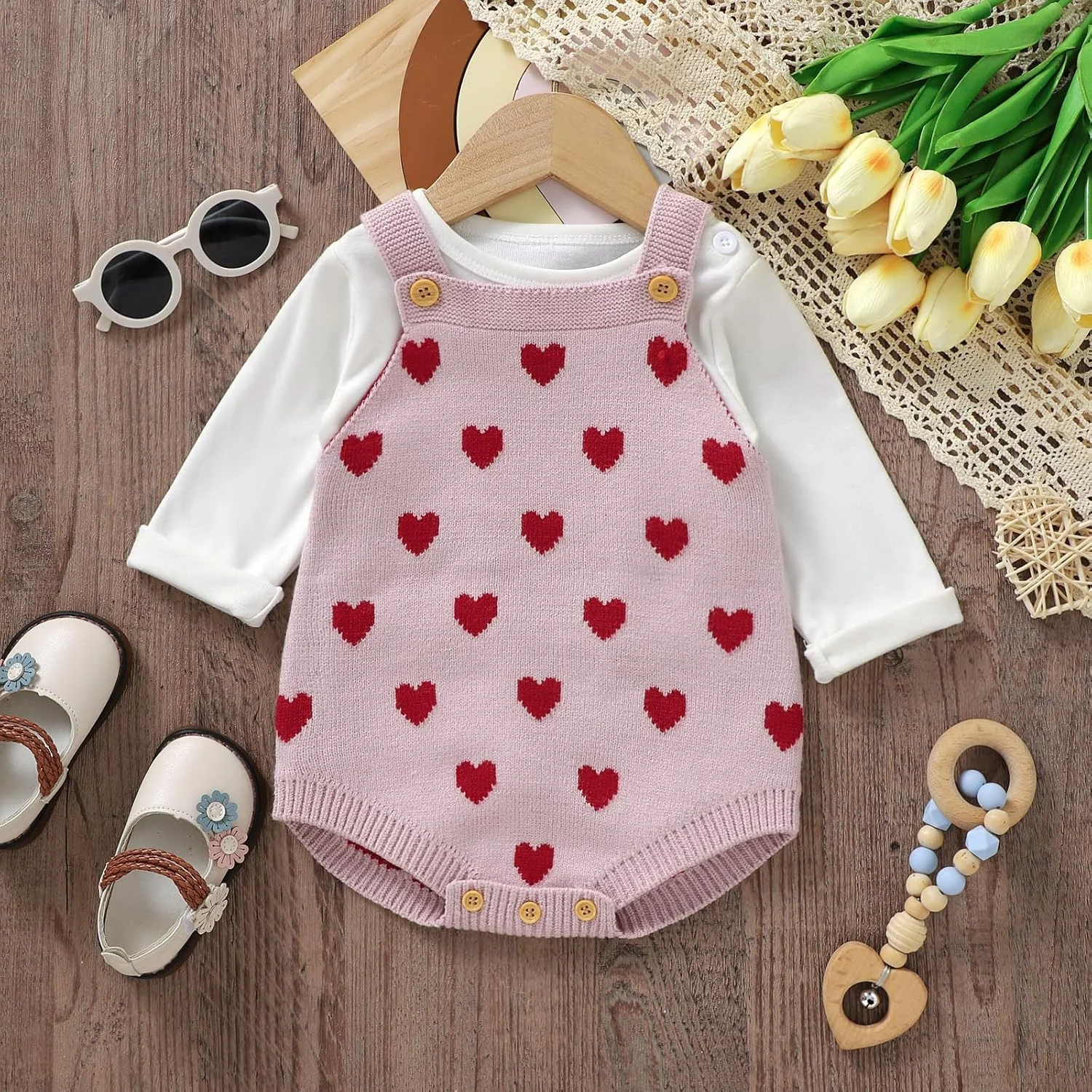 لباس روز ولنتاین دخترانه Ayalinggo، سرهمی بافتنی قلبی زیبا، تاپ هالتر با حاشیه چین‌دار، لباس بهاری