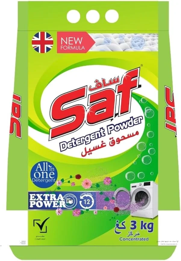پودر لباسشویی ساف سبز 3 کیلوگرمی - پاک کننده قوی لکه ها با رایحه سبز تازه، ایده آل برای همه پارچه ها
