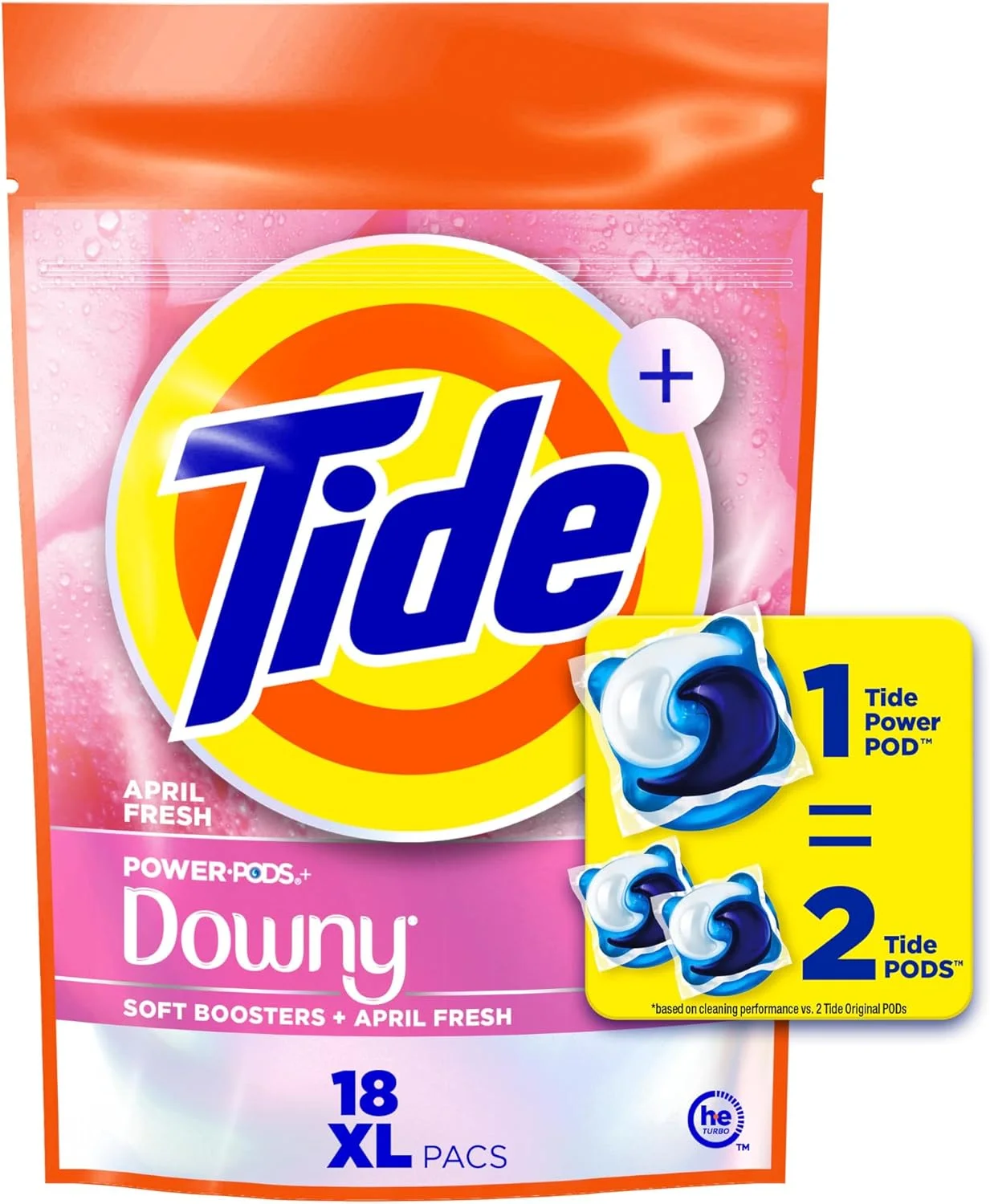 پودر لباسشویی کپسولی 2 در 1 Tide Power PODs با نرم کننده Downy، 18 عدد، طراوت ماندگار با رایحه April Fresh