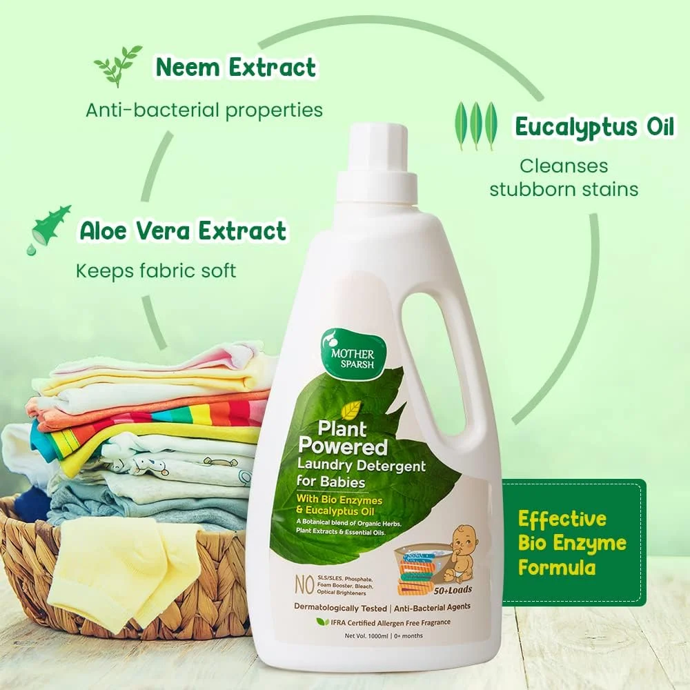 مایع لباسشویی کودک Mother Sparsh (تقویت شده با گیاهان) با آنزیم های زیستی و روغن اکالیپتوس، 1 لیتر