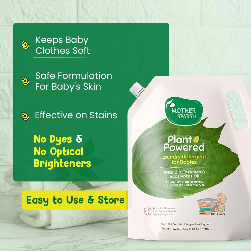 مایع لباسشویی کودک Mother Sparsh با قدرت گیاهی (2.2 لیتر) حاوی آنزیم های زیستی و روغن اکالیپتوس | شوینده طبیعی لباس کودک بدون رنگ و روشن کننده های نوری