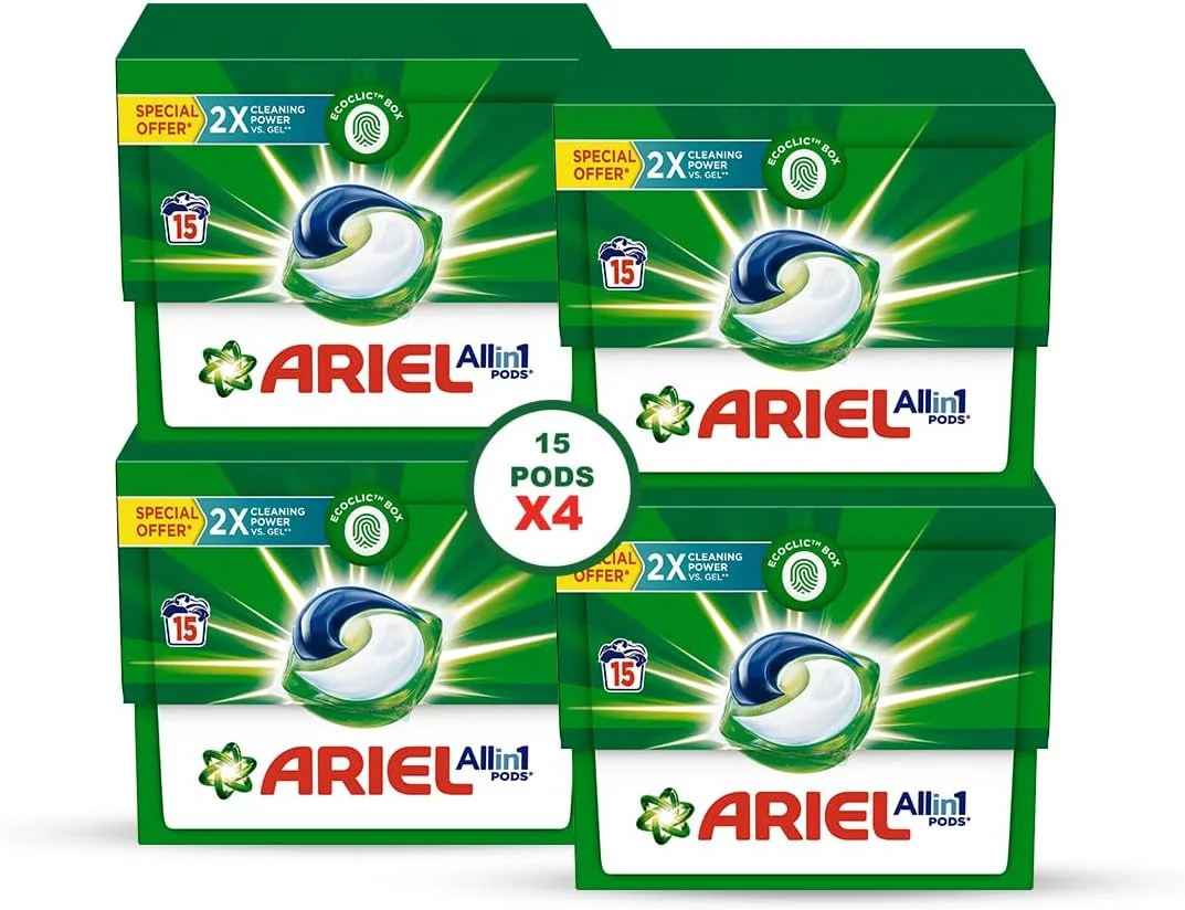 کپسول های لباسشویی آریل اورجینال All-in-1، 15 عددی. تمیز کننده، لکه بردار و روشن کننده (بسته 4 عددی)، 60 عدد کپسول