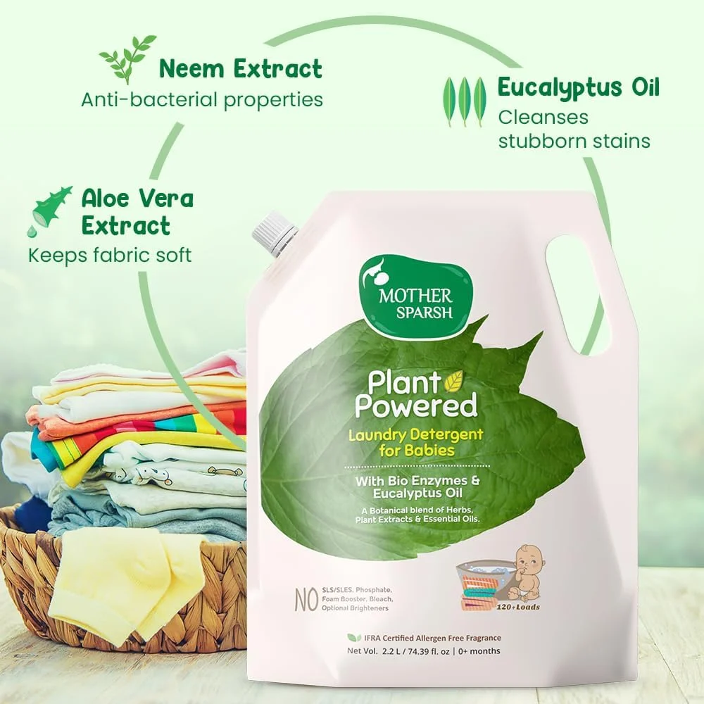 مایع لباسشویی کودک Mother Sparsh با قدرت گیاهی (2.2 لیتر) حاوی آنزیم های زیستی و روغن اکالیپتوس | شوینده طبیعی لباس کودک بدون رنگ و روشن کننده های نوری