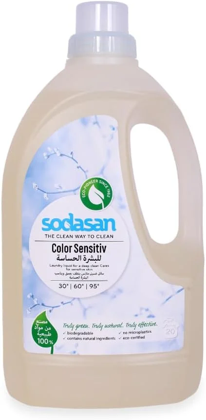مایع لباسشویی سوداسان مخصوص پوست‌های حساس 1.5 لیتری - دارای گواهی ارگانیک، بدون بو و رنگ، لکه بر گیاهی، ملایم برای پوست، تست شده توسط متخصصین پوست