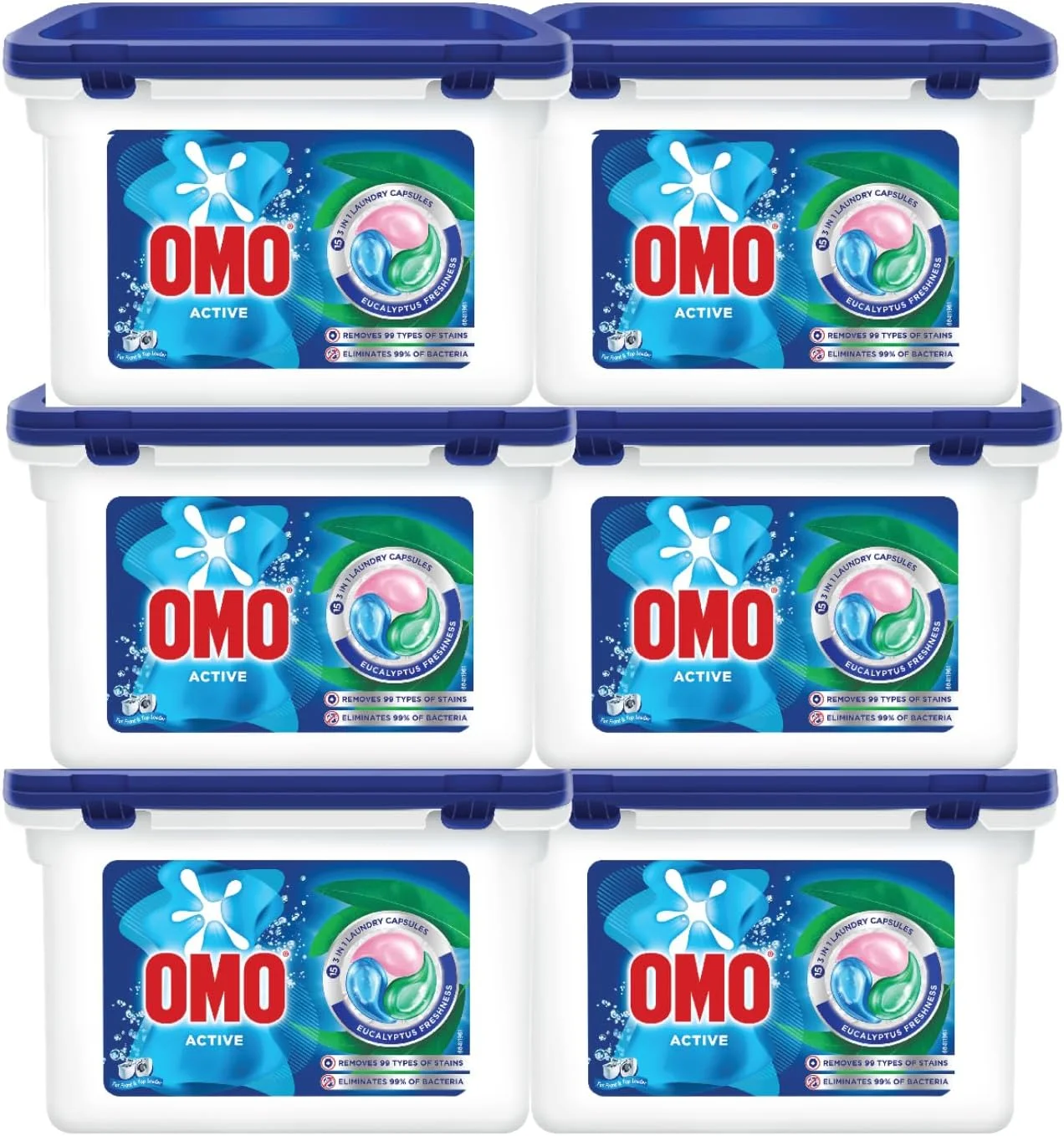کپسول لباسشویی 3 در 1 اکتیو امو، طراوت اکالیپتوس، از بین برنده 99 نوع لکه، 15 عدد کپسول x 6