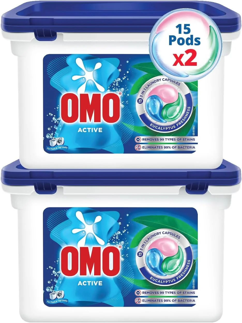 کپسول لباسشویی 3 در 1 اکتیو امو، طراوت اکالیپتوس، از بین برنده 99 نوع لکه، 15 عدد کپسول x 2