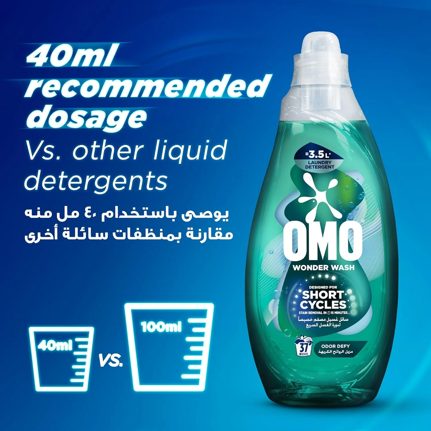 مایع لباسشویی امو Wonder Wash، ضد بو، برای دوره‌های کوتاه، لکه بری در 15 دقیقه، 1480 میلی لیتر x 2