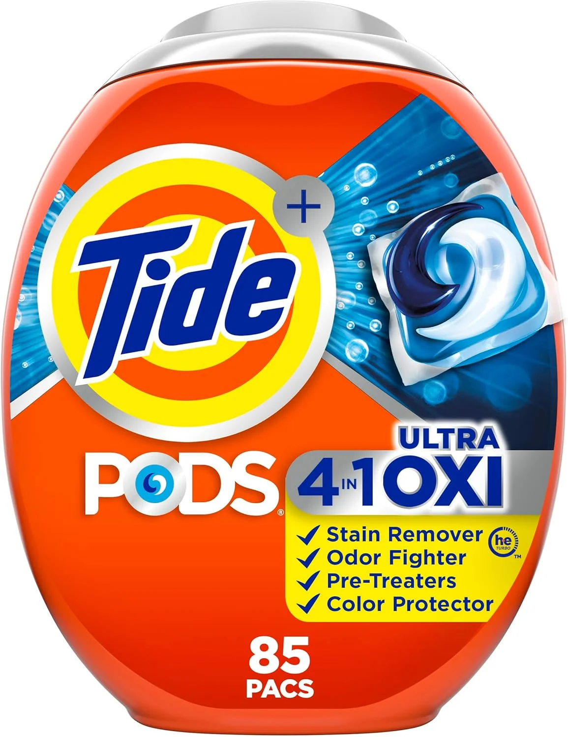 پودر لباسشویی کپسولی Tide Pods، 4 در 1 Ultra Oxi، سازگار با ماشین لباسشویی HE، تعداد 85، دارای پیش تصفیه کننده داخلی برای لکه ها