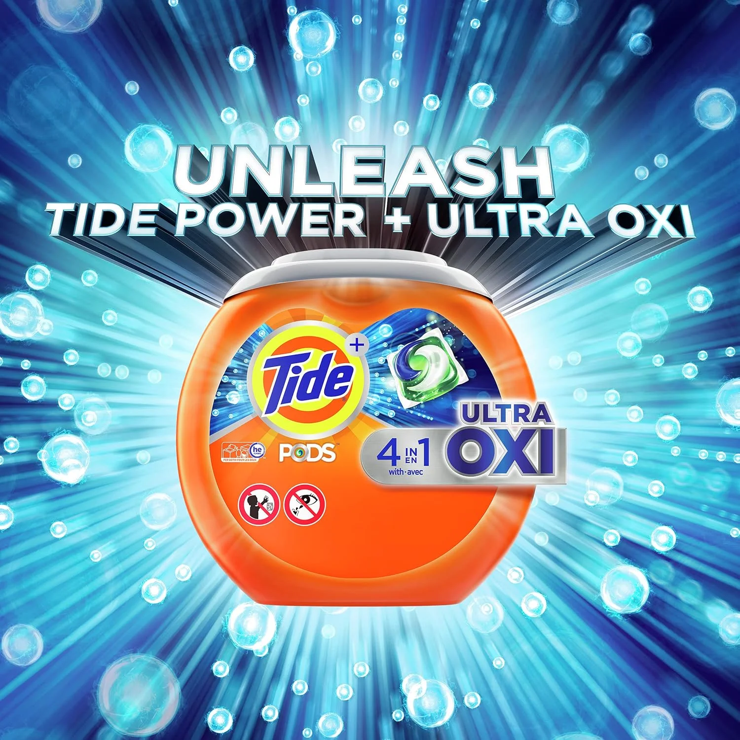 پودر لباسشویی کپسولی Tide Pods، 4 در 1 Ultra Oxi، سازگار با ماشین لباسشویی HE، تعداد 85، دارای پیش تصفیه کننده داخلی برای لکه ها