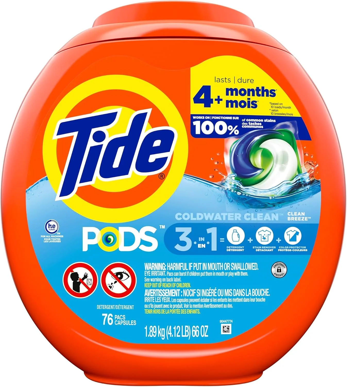پودر لباسشویی کپسولی Tide PODS، سازگار با ماشین لباسشویی HE، بسته 76 عددی، تمیز کننده قوی 3 در 1 در یک مرحله، با رایحه Clean Breeze
