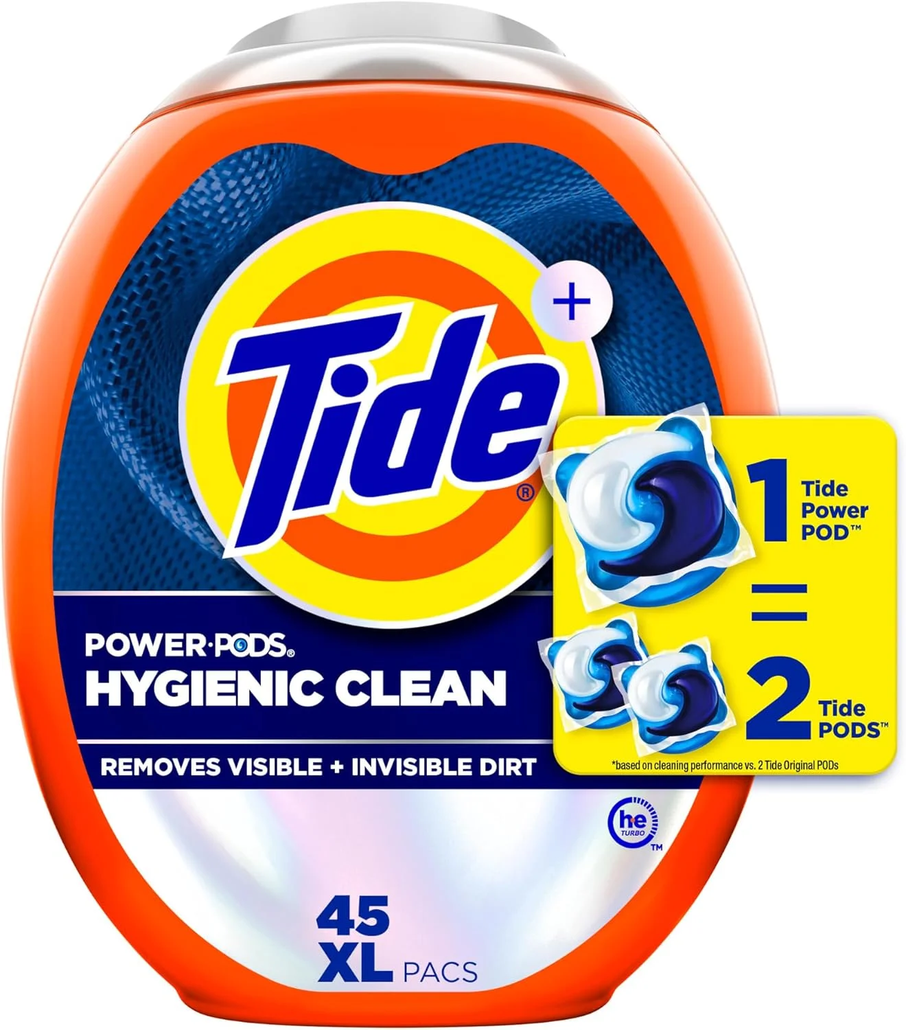 پودر لباسشویی کپسولی Tide Power PODs Hygienic Clean Heavy Duty، سازگار با ماشین لباسشویی HE، تعداد 45 عدد، ضد حساسیت، بدون رنگ و عطر، برای آلودگی های قابل مشاهده و غیر قابل مشاهده