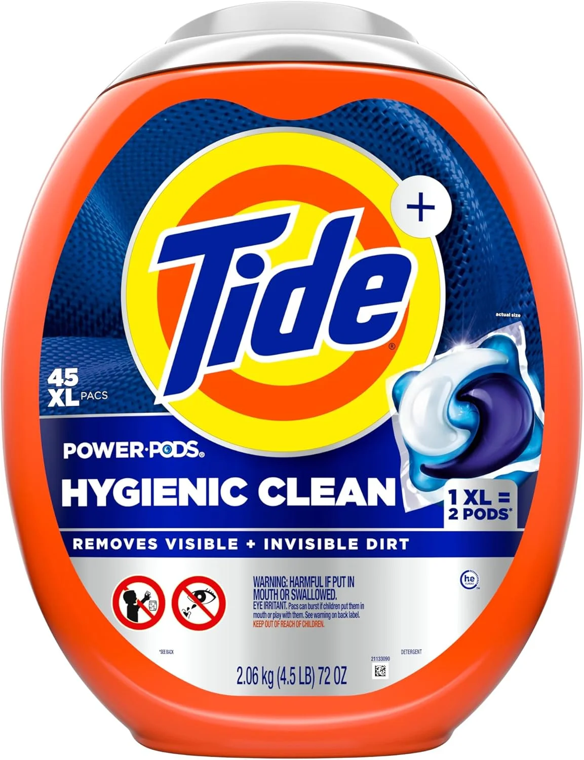 پودر لباسشویی کپسولی Tide Power PODs Hygienic Clean Heavy Duty، سازگار با ماشین لباسشویی HE، تعداد 45 عدد، ضد حساسیت، بدون رنگ و عطر، برای آلودگی های قابل مشاهده و غیر قابل مشاهده