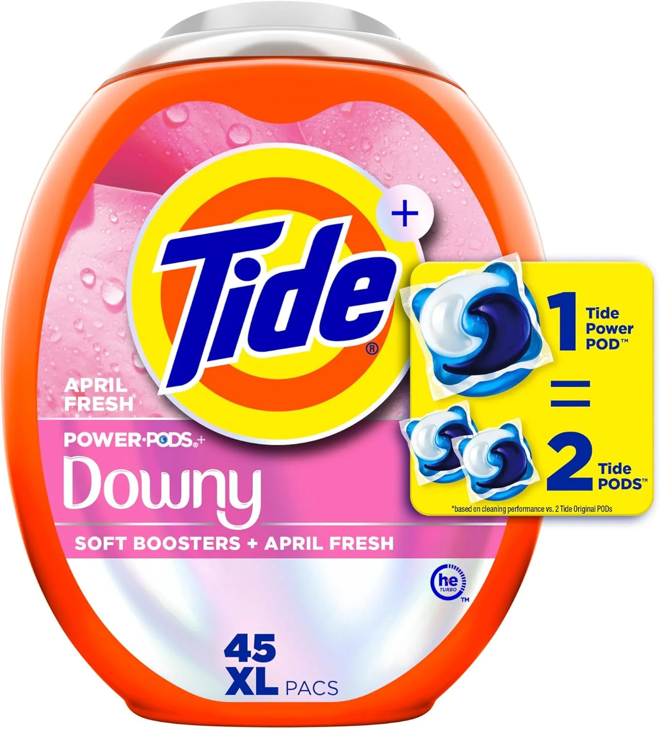 پودر لباسشویی 2 در 1 Tide Power PODs با تقویت کننده های نرم کننده Downy، طراوت ماندگار با رایحه April Fresh، 45 عدد