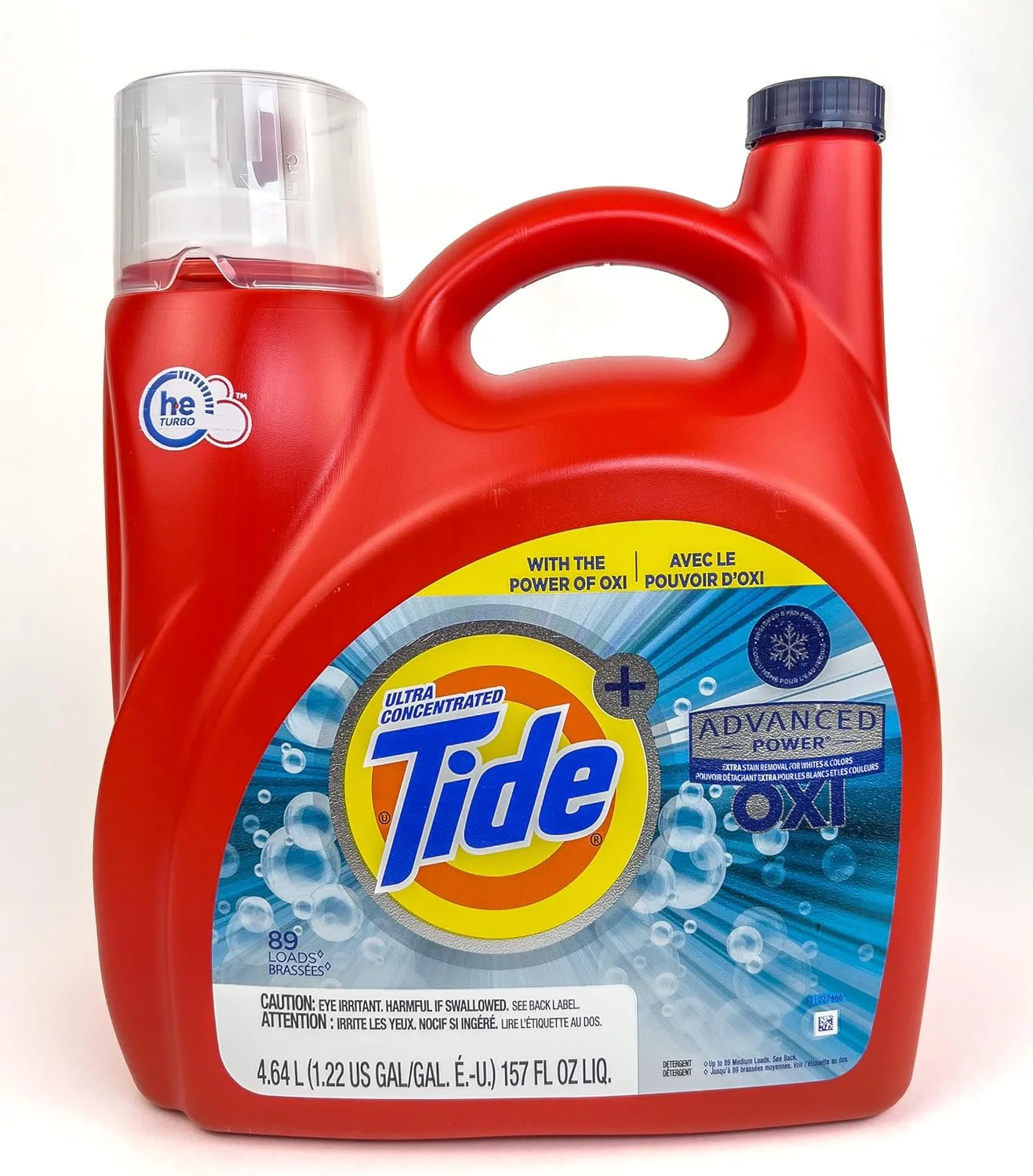 مایع لباسشویی بسیار غلیظ Tide Oxi + Advanced Power Ultra Concentrate، با قدرت پاک کنندگی بالا، مناسب ماشین لباسشویی های HE - 89 بار شستشو، از بین برنده قوی لکه ها برای لباس های سفید و رنگی (4.64 لیتر)
