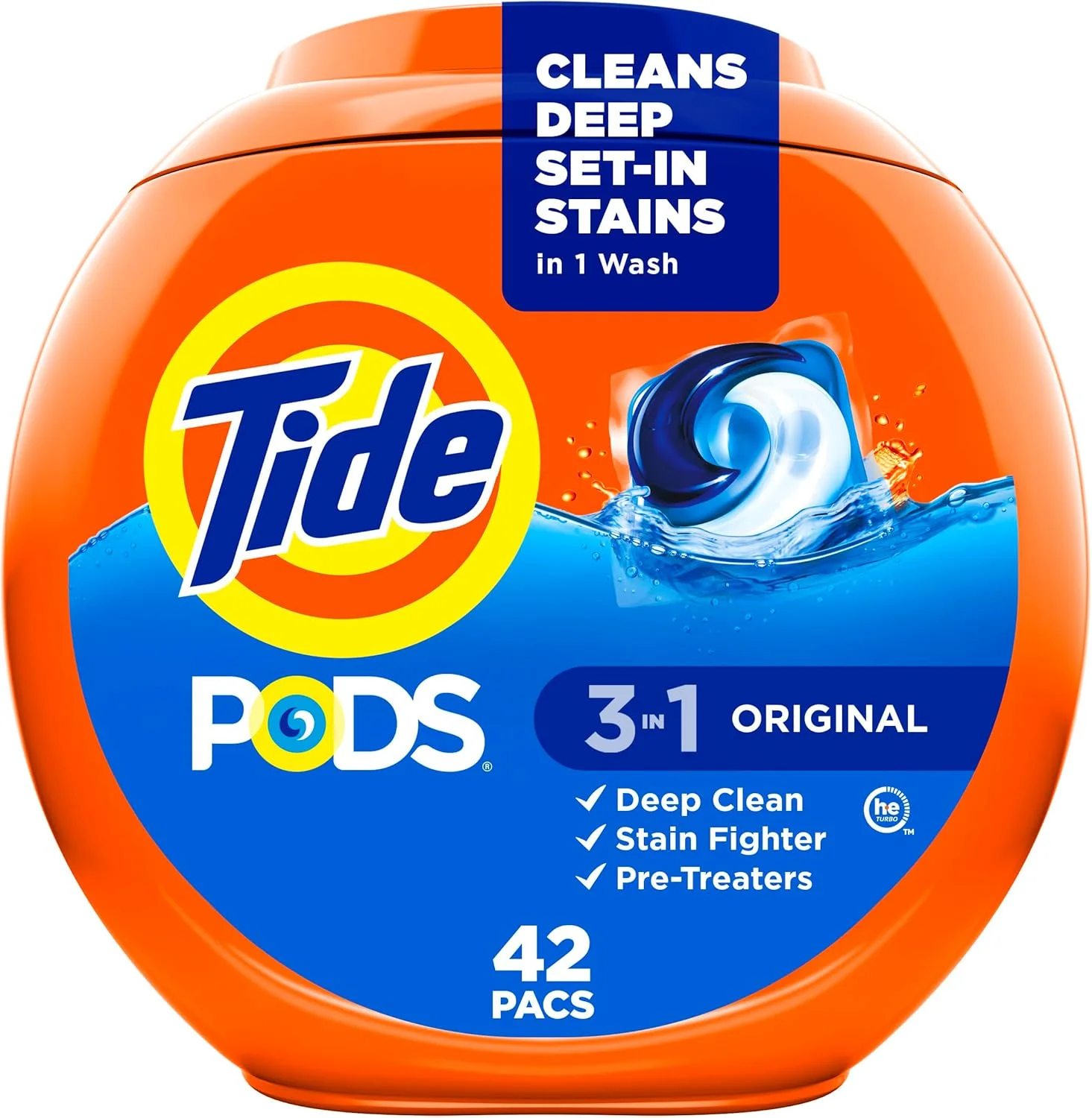 قرص ماشین لباسشویی Tide PODS، رایحه اصلی، سازگار با HE، 42 عدد، تمیز کننده قدرتمند 3 در 1 در یک مرحله، مواد شوینده لباسشویی Tide PODS