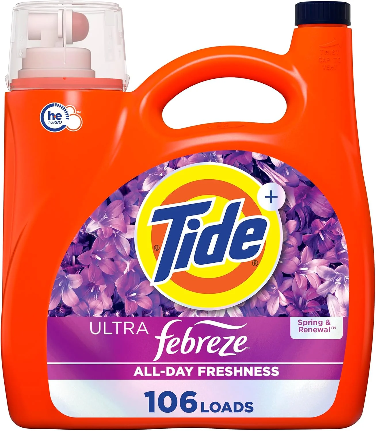 مایع لباسشویی تاید پلاس Febreze Freshness HE Turbo Clean، سازگار با HE، رایحه بهاری و تجدید، 106 بار شستشو، 149 fl oz