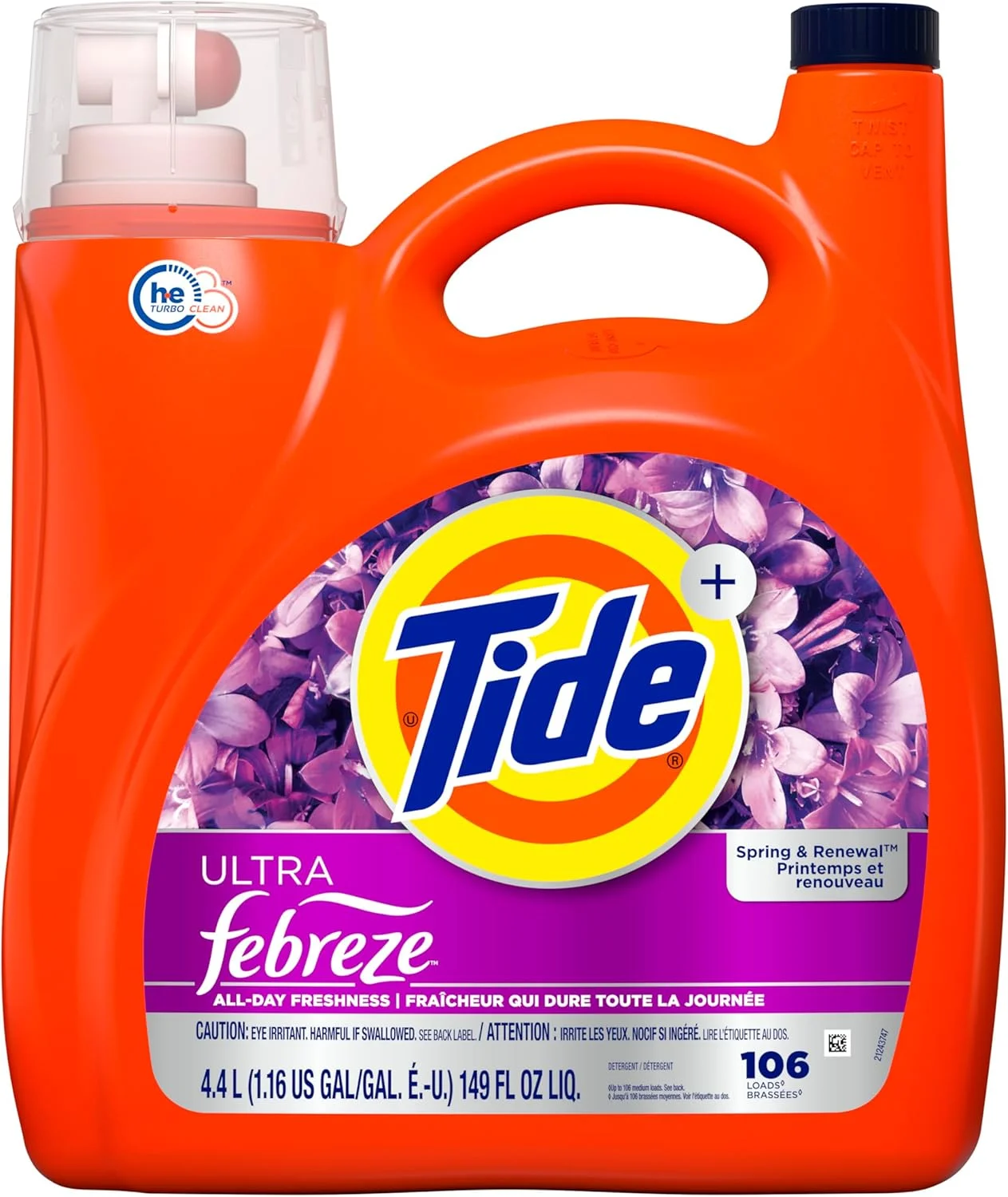 مایع لباسشویی تاید پلاس Febreze Freshness HE Turbo Clean، سازگار با HE، رایحه بهاری و تجدید، 106 بار شستشو، 149 fl oz