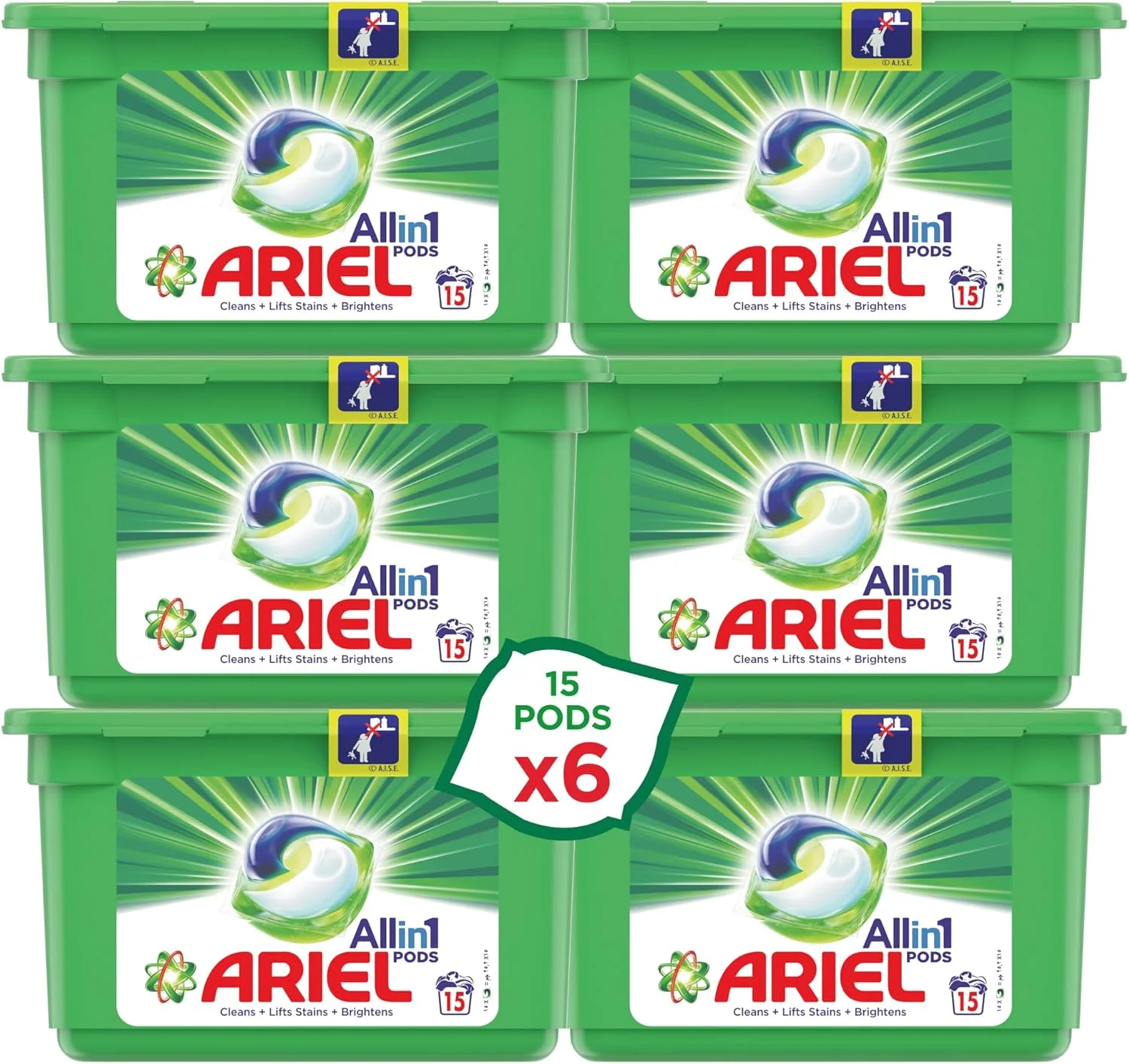 کپسول های لباسشویی آریل 3 در 1، با رایحه اصلی، مایع لباسشویی آریل، شوینده قوی لکه بر، بسته 6 عددی 15 تایی (90 کپسول)