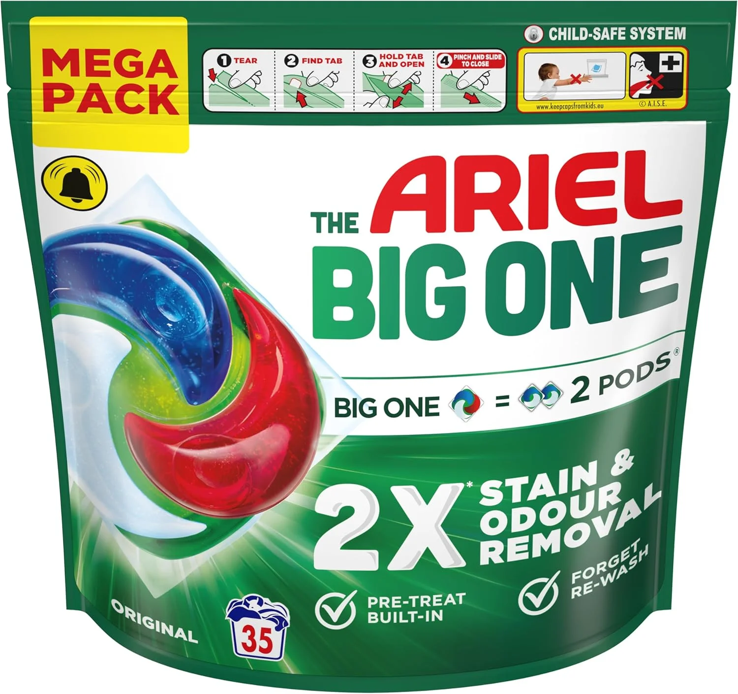 کپسول های شوینده لباسشویی آریل The Big One PODS، مایع لباسشویی، 35 بار شستشو، اورجینال، 2 برابر قدرت لکه بری و از بین بردن بو، حل شوندگی سریع حتی در آب سرد