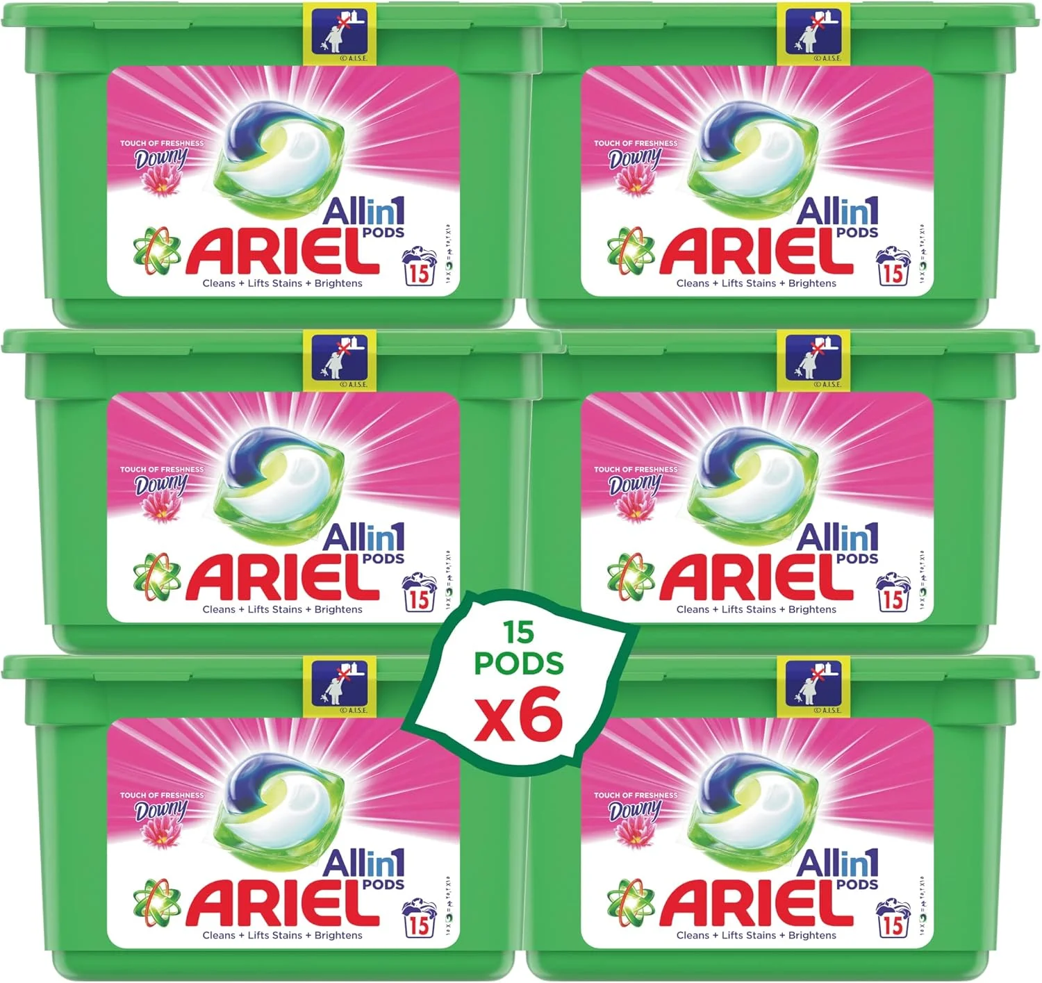 کپسول های لباسشویی آریل 3 در 1 با رایحه طراوت داونی، کپسول های مایع لباسشویی آریل، شوینده قوی لکه بر، بسته 6 عددی 15 تایی (90 کپسول)