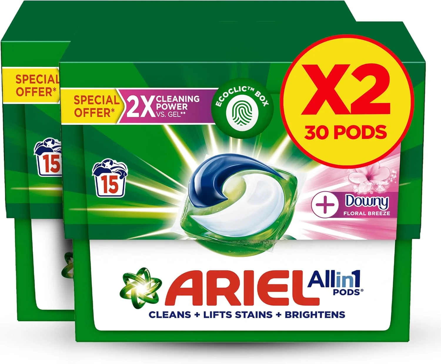 کپسول های لباسشویی آریل مدل Floral Breeze All-in-1، تعداد 15 عدد، تمیز کننده، لکه بر و درخشان کننده، بسته دوتایی