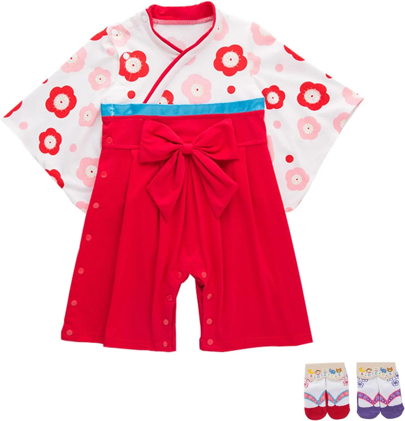 لباس سرهمی کیمونویی نوزادی YOOCHUENG، آستین بلند، کیمونوی ژاپنی، لباس یکسره پنبه ای برای نوزادان پسر و دختر به همراه 2 جفت جوراب