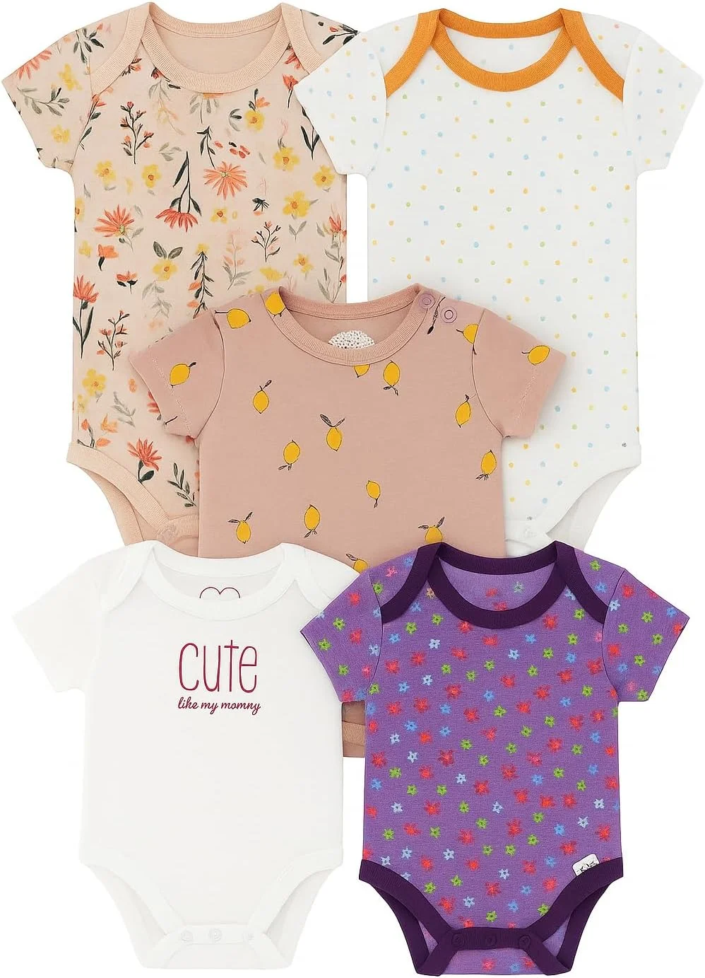 بادی/رامپر/تاپ نخی 100% دخترانه تادی بادی، بسته 5 عددی بادی - طرح یونیکورن، 0-3 ماه