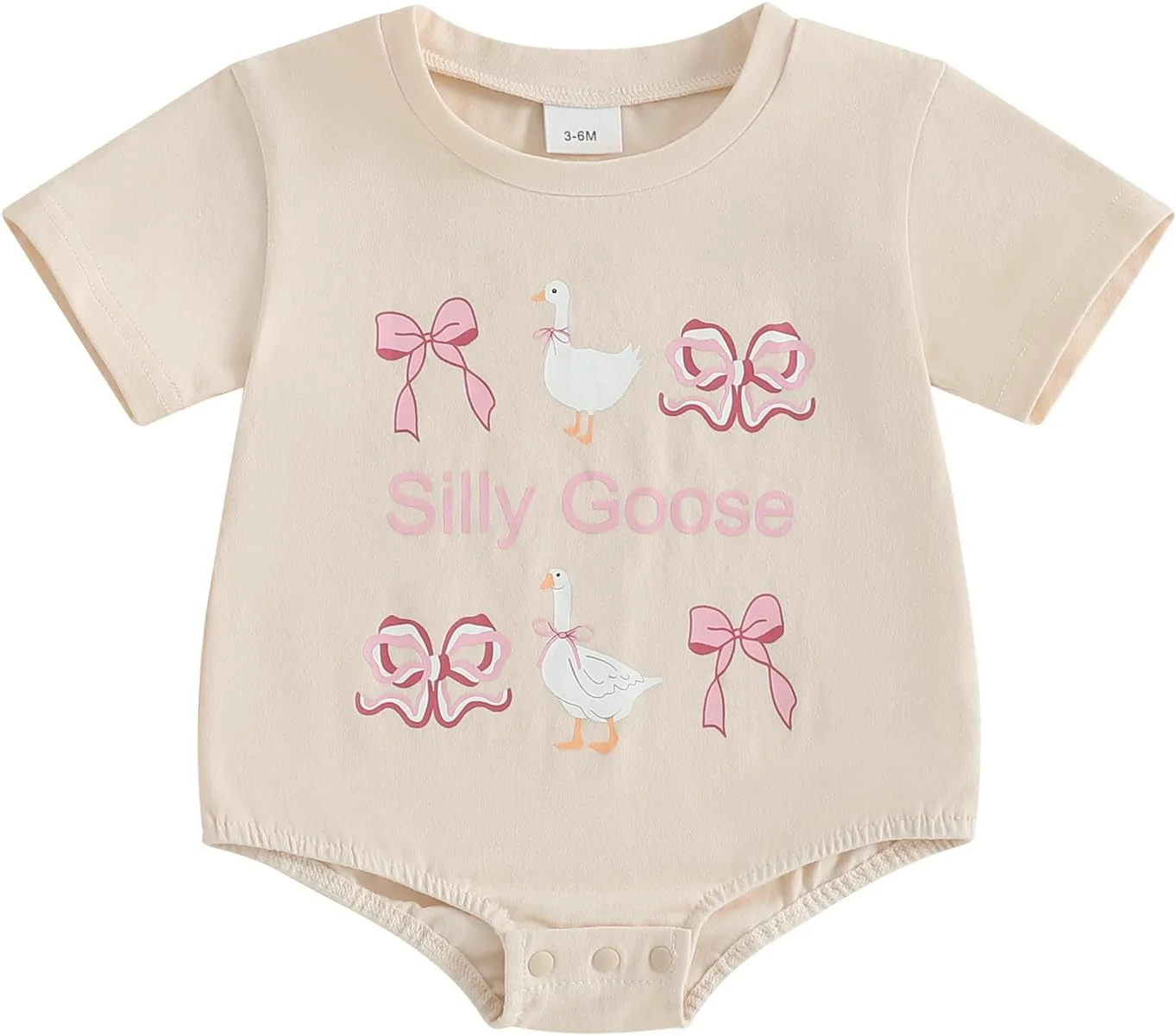 لباس تابستانی نوزاد دختر آستین کوتاه حباب دار رامپر پاپیون طرح غاز چاپ شده بادی تاپ لباس تابستانی نوزاد دختر آستین کوتاه حباب دار رامپر پاپیون طرح غاز چاپ شده بادی تاپ